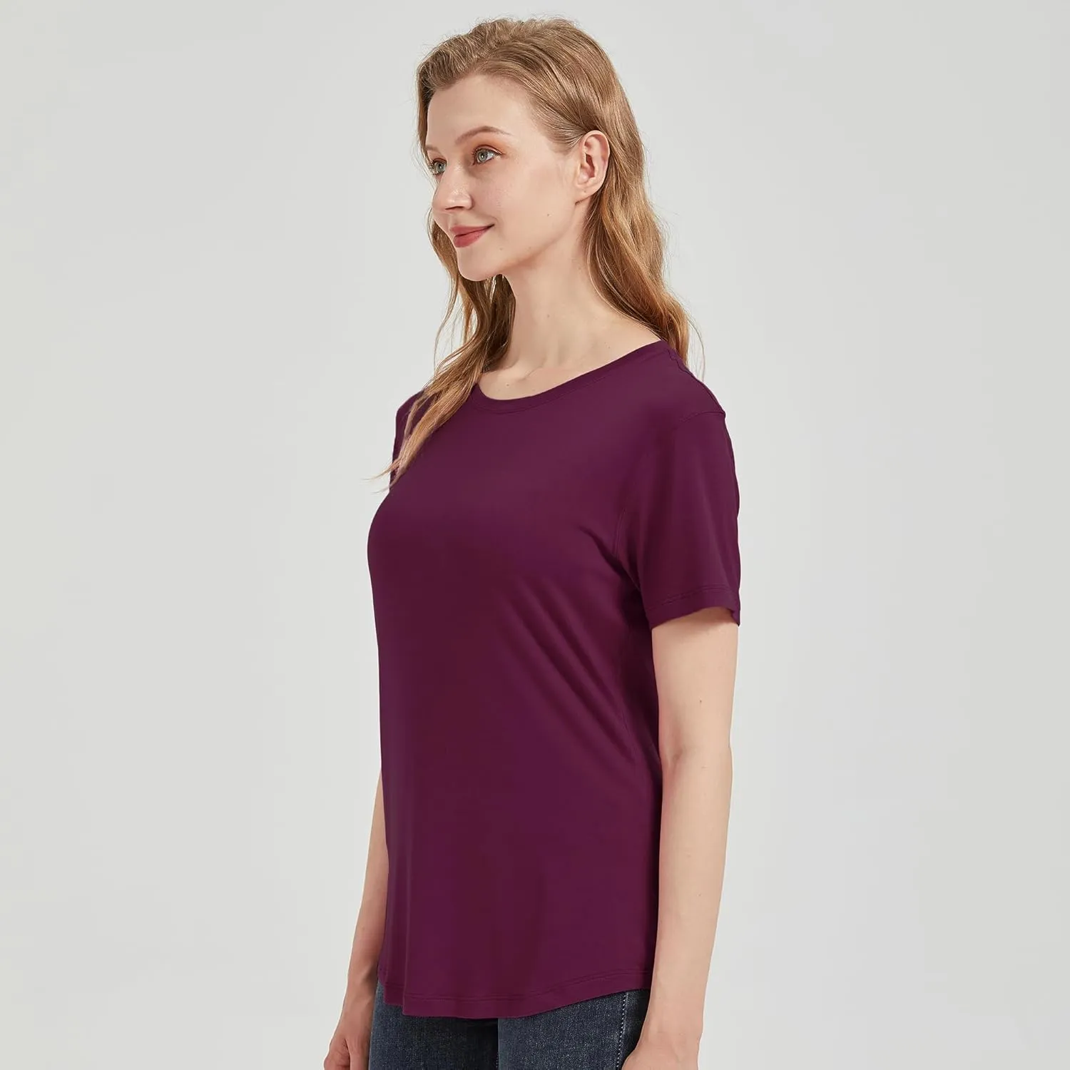 netdraw Women's Lightweight and Soft Bamboo Viscose T-Shirt Curved Hem Crew Neck Smooth Trendy Sleep Lounge Pajama Tops