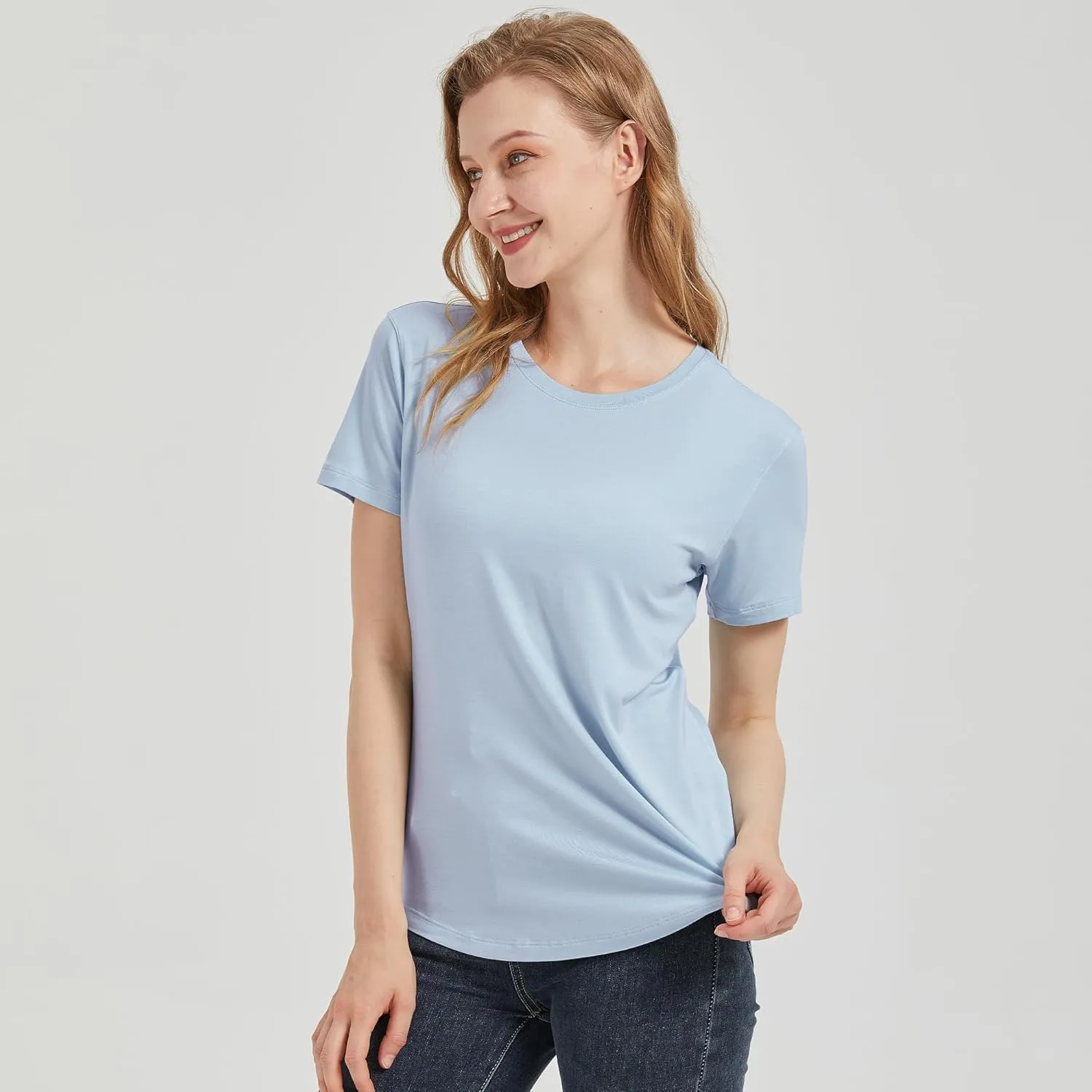 netdraw Women's Lightweight and Soft Bamboo Viscose T-Shirt Curved Hem Crew Neck Smooth Trendy Sleep Lounge Pajama Tops