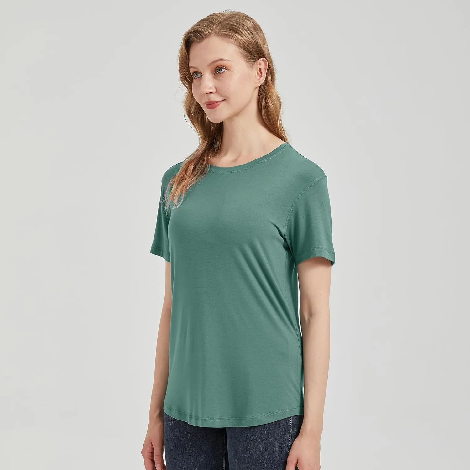 netdraw Women's Lightweight and Soft Bamboo Viscose T-Shirt Curved Hem Crew Neck Smooth Trendy Sleep Lounge Pajama Tops
