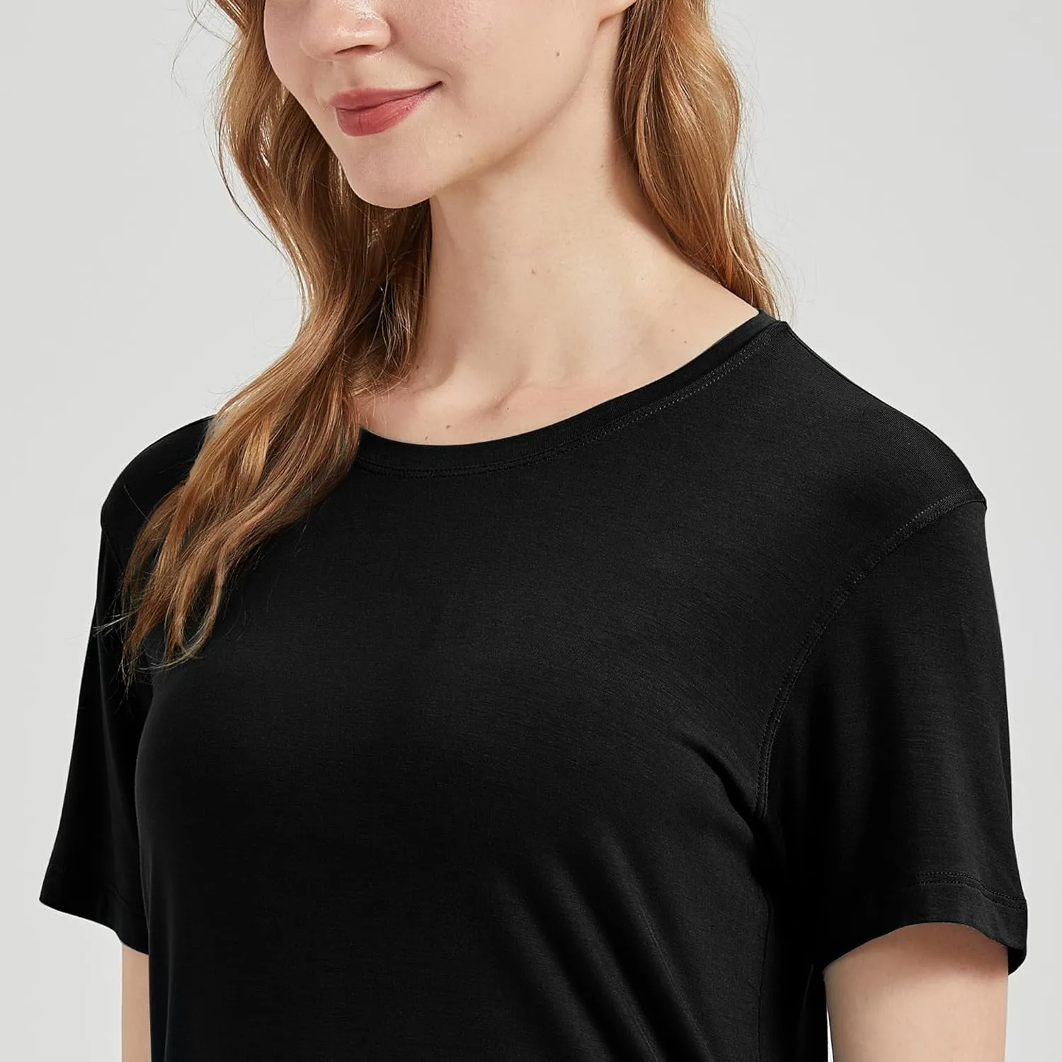 netdraw Women's Lightweight and Soft Bamboo Viscose T-Shirt Curved Hem Crew Neck Smooth Trendy Sleep Lounge Pajama Tops