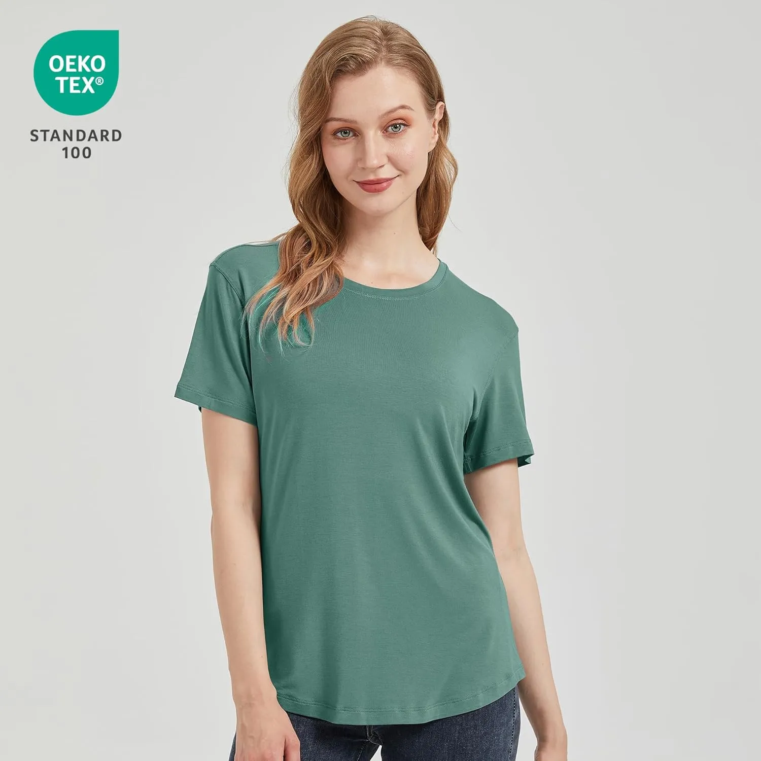 netdraw Women's Lightweight and Soft Bamboo Viscose T-Shirt Curved Hem Crew Neck Smooth Trendy Sleep Lounge Pajama Tops