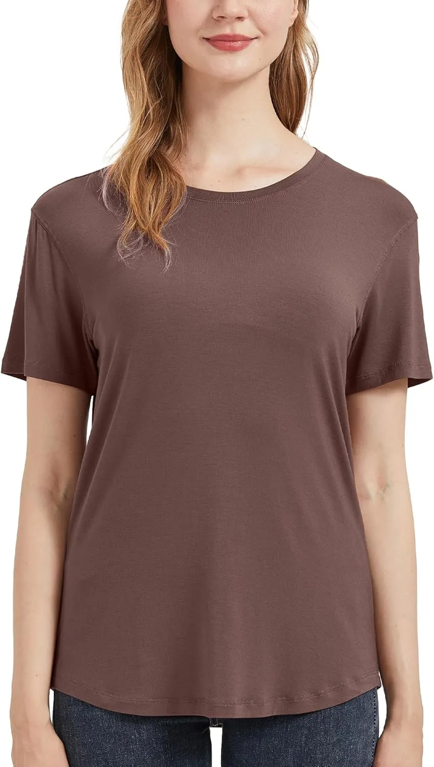 netdraw Women's Lightweight and Soft Bamboo Viscose T-Shirt Curved Hem Crew Neck Smooth Trendy Sleep Lounge Pajama Tops