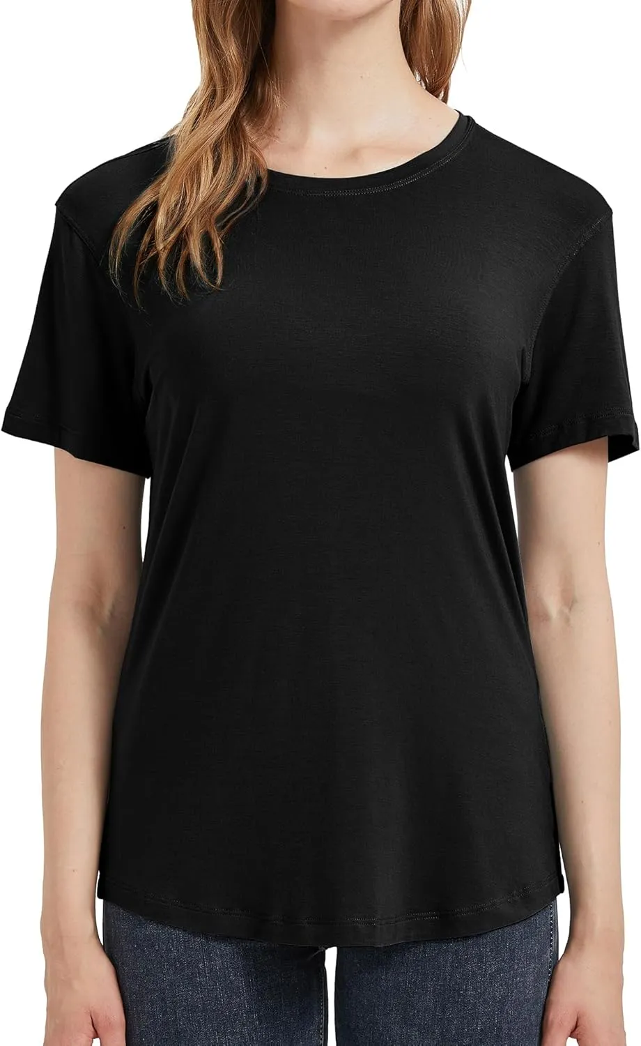netdraw Women's Lightweight and Soft Bamboo Viscose T-Shirt Curved Hem Crew Neck Smooth Trendy Sleep Lounge Pajama Tops