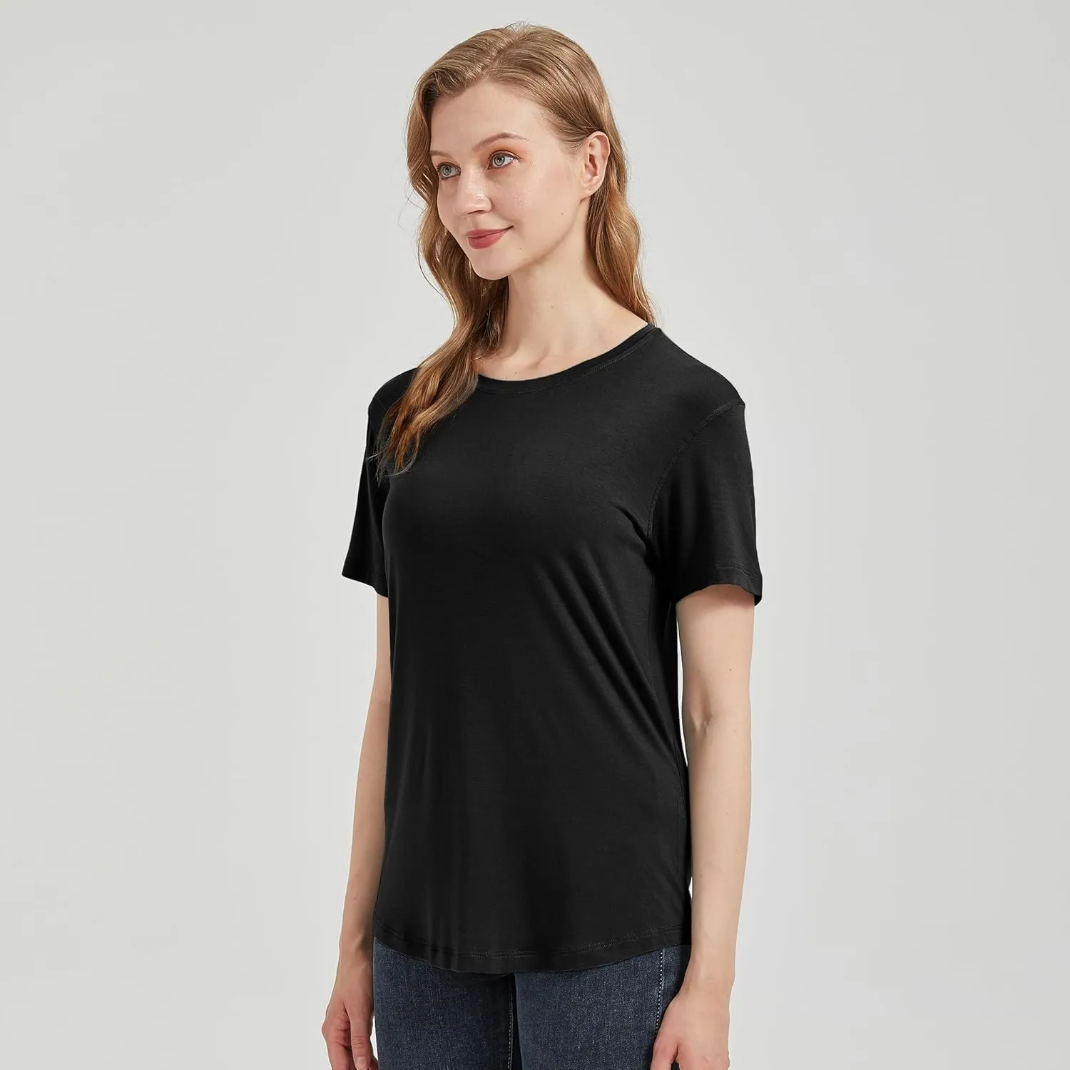 netdraw Women's Lightweight and Soft Bamboo Viscose T-Shirt Curved Hem Crew Neck Smooth Trendy Sleep Lounge Pajama Tops