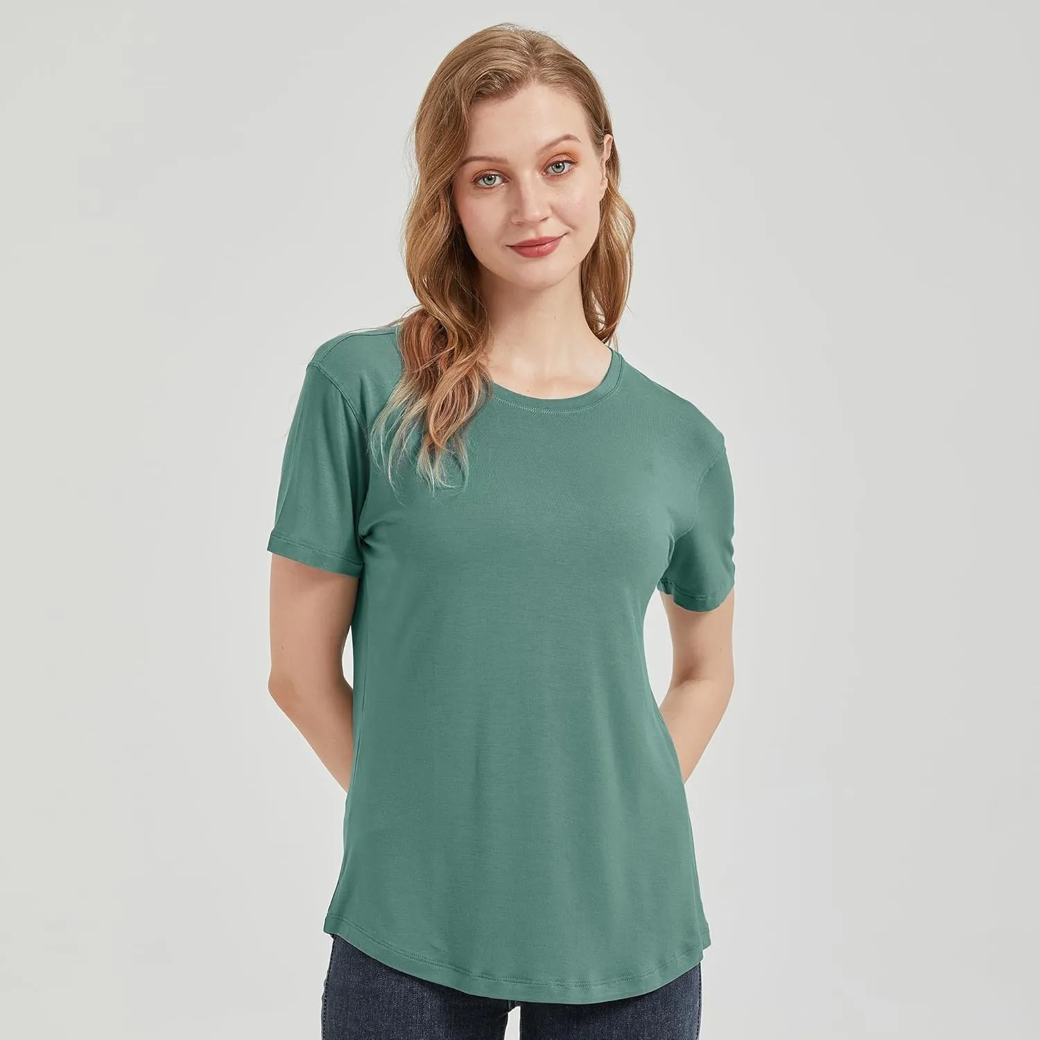 netdraw Women's Lightweight and Soft Bamboo Viscose T-Shirt Curved Hem Crew Neck Smooth Trendy Sleep Lounge Pajama Tops