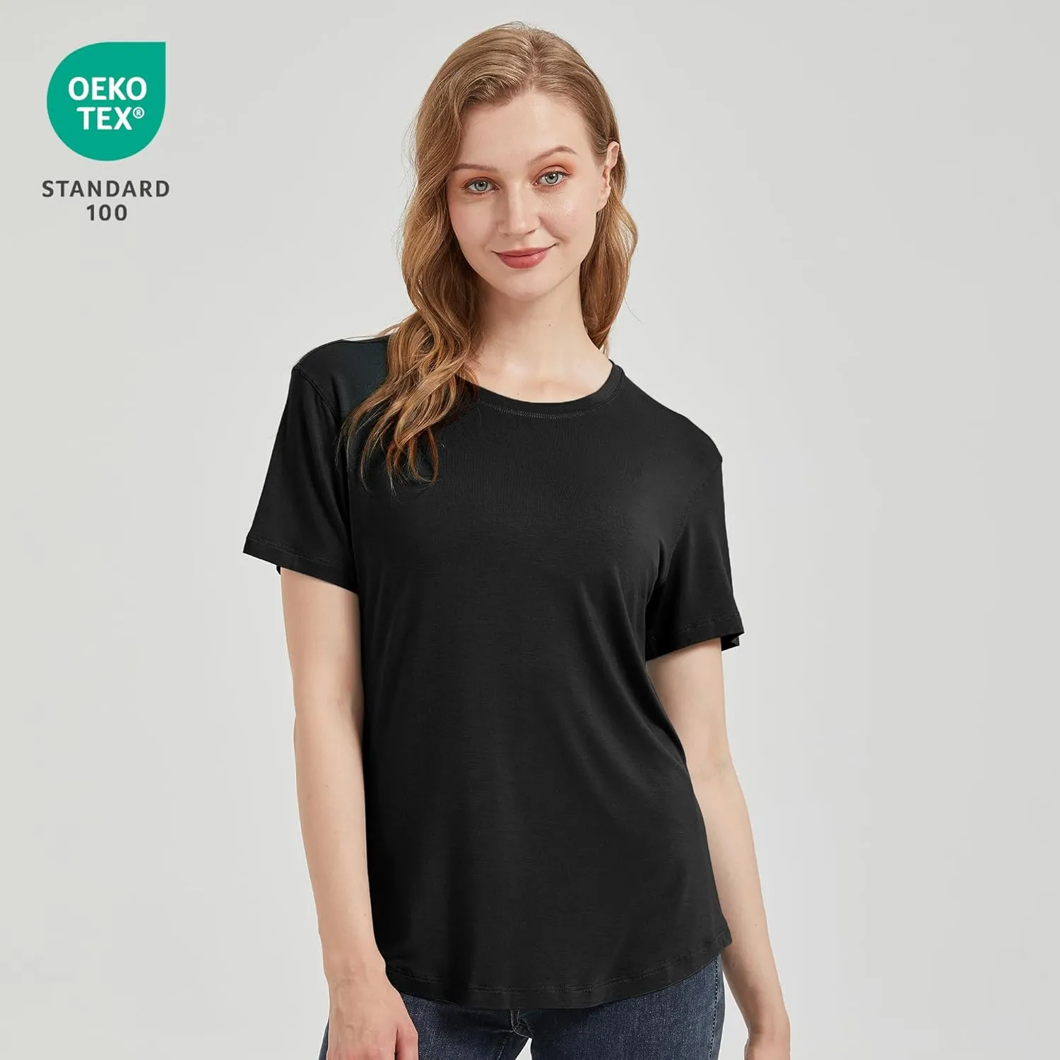 netdraw Women's Lightweight and Soft Bamboo Viscose T-Shirt Curved Hem Crew Neck Smooth Trendy Sleep Lounge Pajama Tops
