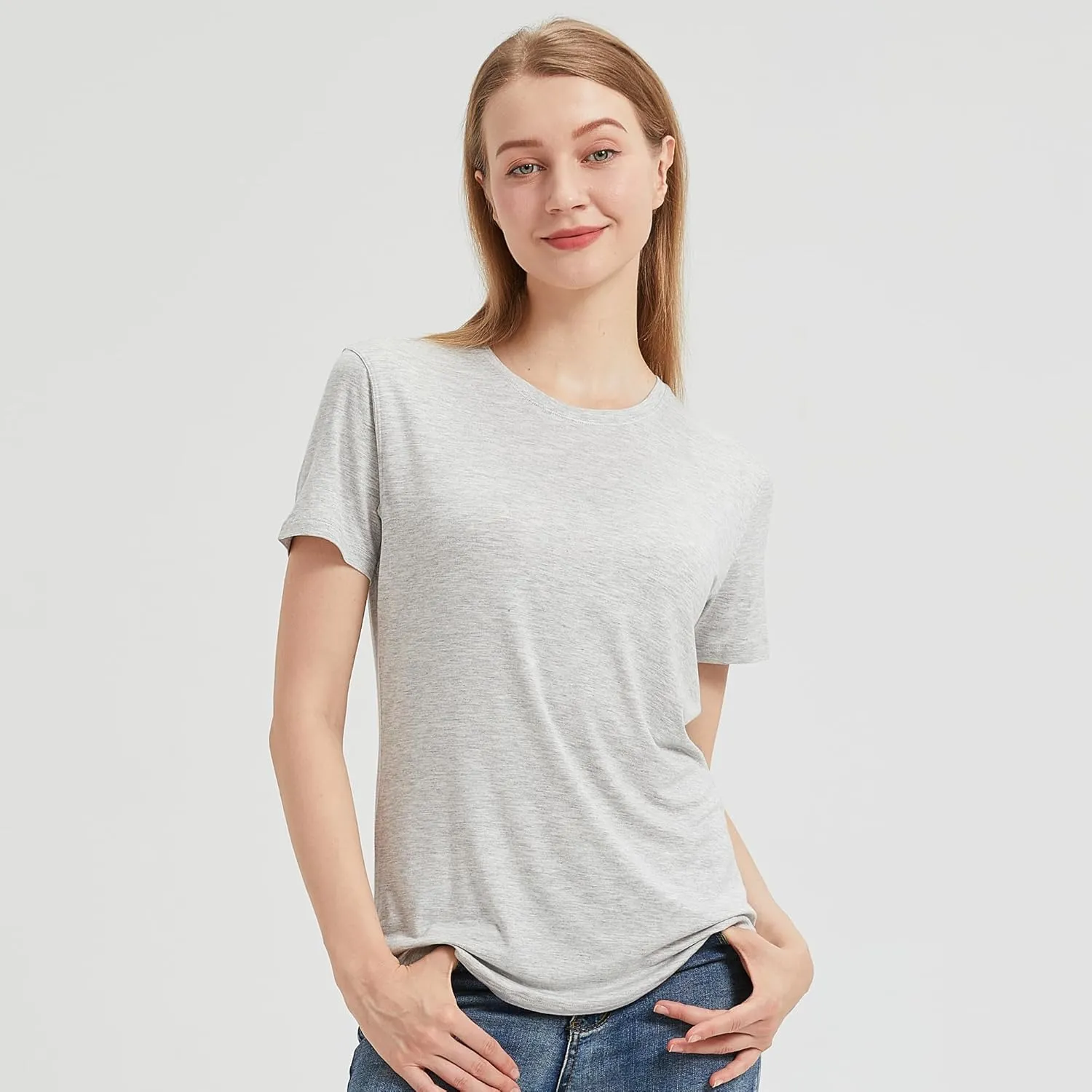 netdraw Women's Lightweight and Soft Bamboo Viscose T-Shirt Curved Hem Crew Neck Smooth Trendy Sleep Lounge Pajama Tops
