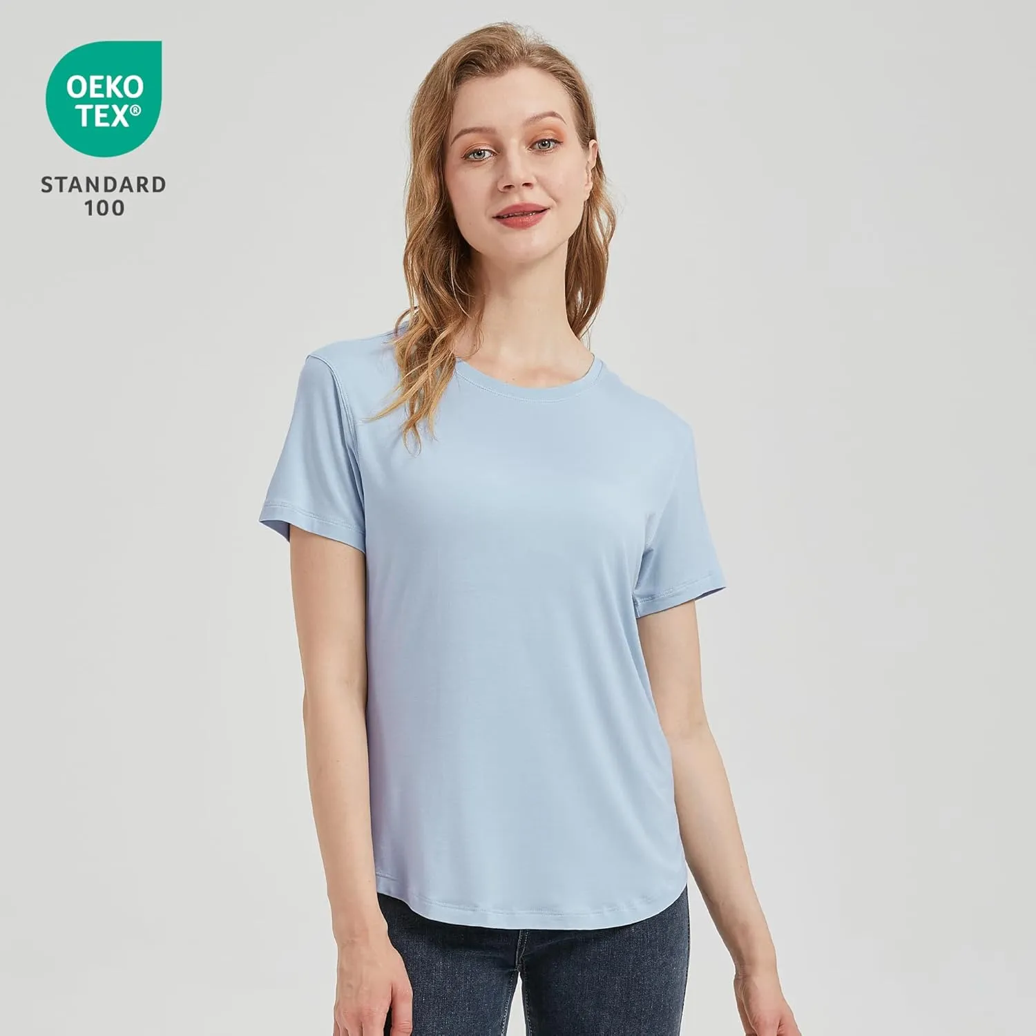 netdraw Women's Lightweight and Soft Bamboo Viscose T-Shirt Curved Hem Crew Neck Smooth Trendy Sleep Lounge Pajama Tops