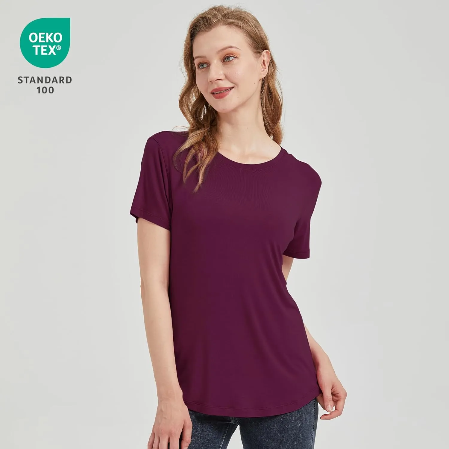 netdraw Women's Lightweight and Soft Bamboo Viscose T-Shirt Curved Hem Crew Neck Smooth Trendy Sleep Lounge Pajama Tops
