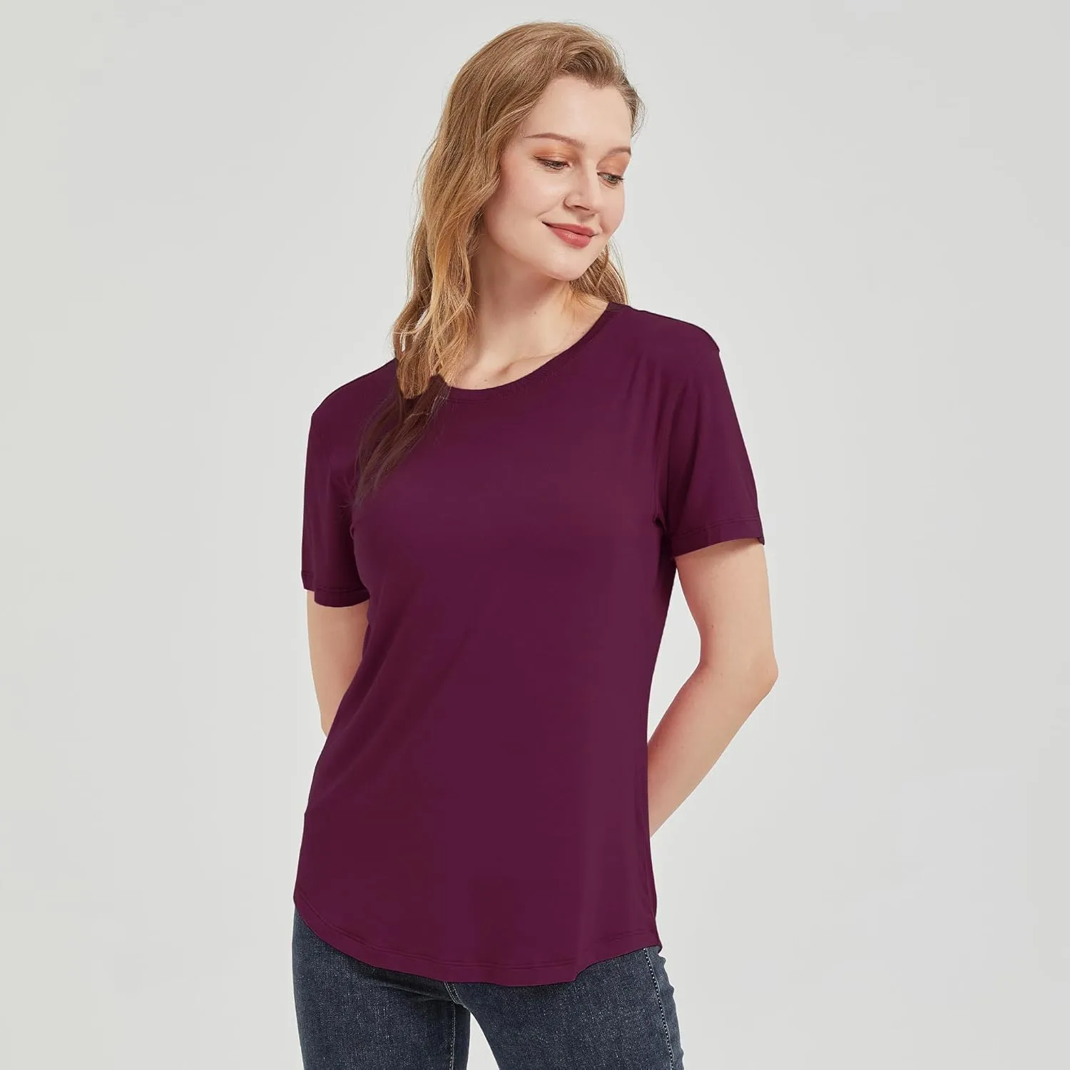 netdraw Women's Lightweight and Soft Bamboo Viscose T-Shirt Curved Hem Crew Neck Smooth Trendy Sleep Lounge Pajama Tops