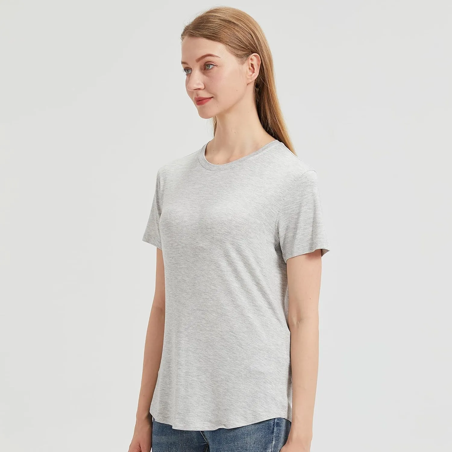 netdraw Women's Lightweight and Soft Bamboo Viscose T-Shirt Curved Hem Crew Neck Smooth Trendy Sleep Lounge Pajama Tops