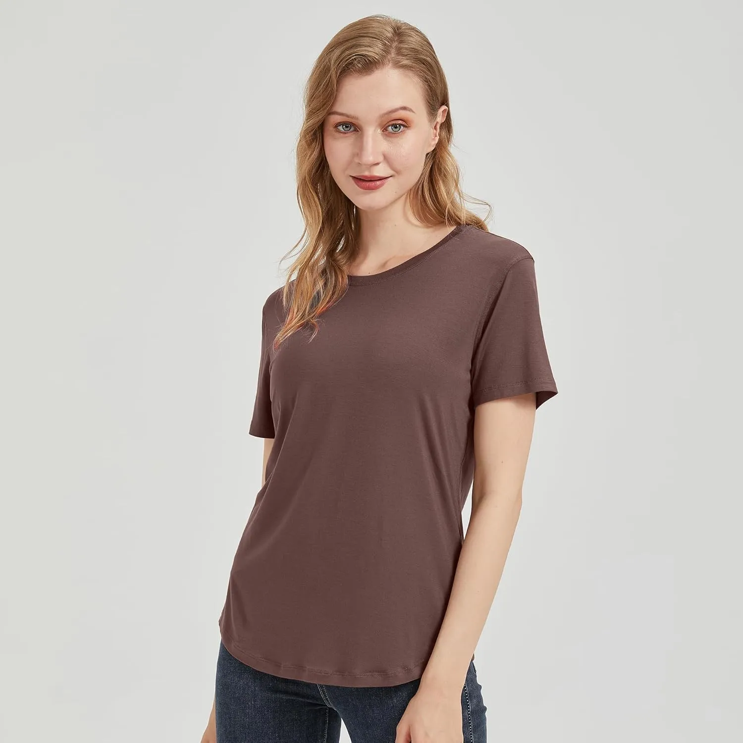 netdraw Women's Lightweight and Soft Bamboo Viscose T-Shirt Curved Hem Crew Neck Smooth Trendy Sleep Lounge Pajama Tops