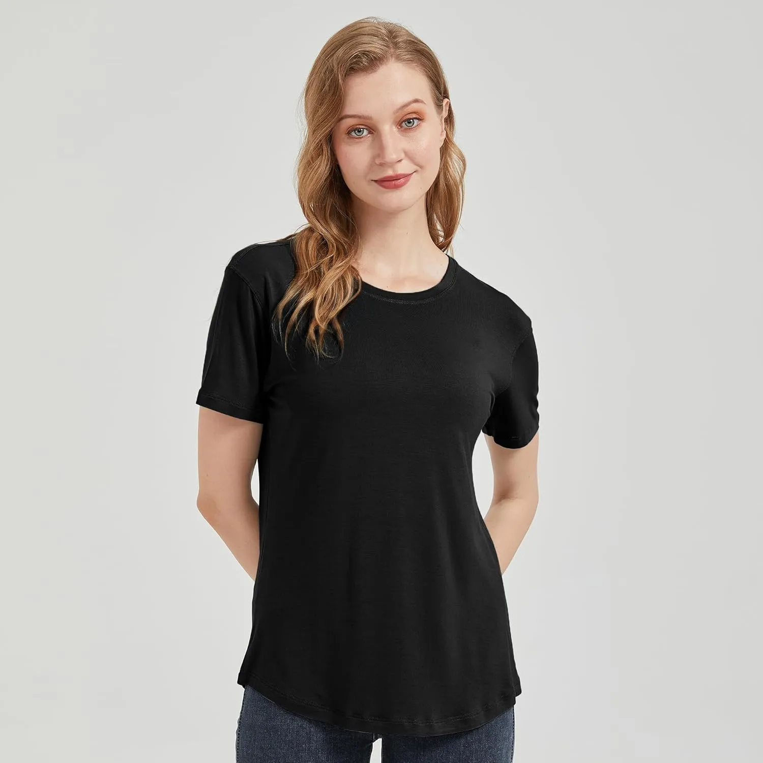 netdraw Women's Lightweight and Soft Bamboo Viscose T-Shirt Curved Hem Crew Neck Smooth Trendy Sleep Lounge Pajama Tops
