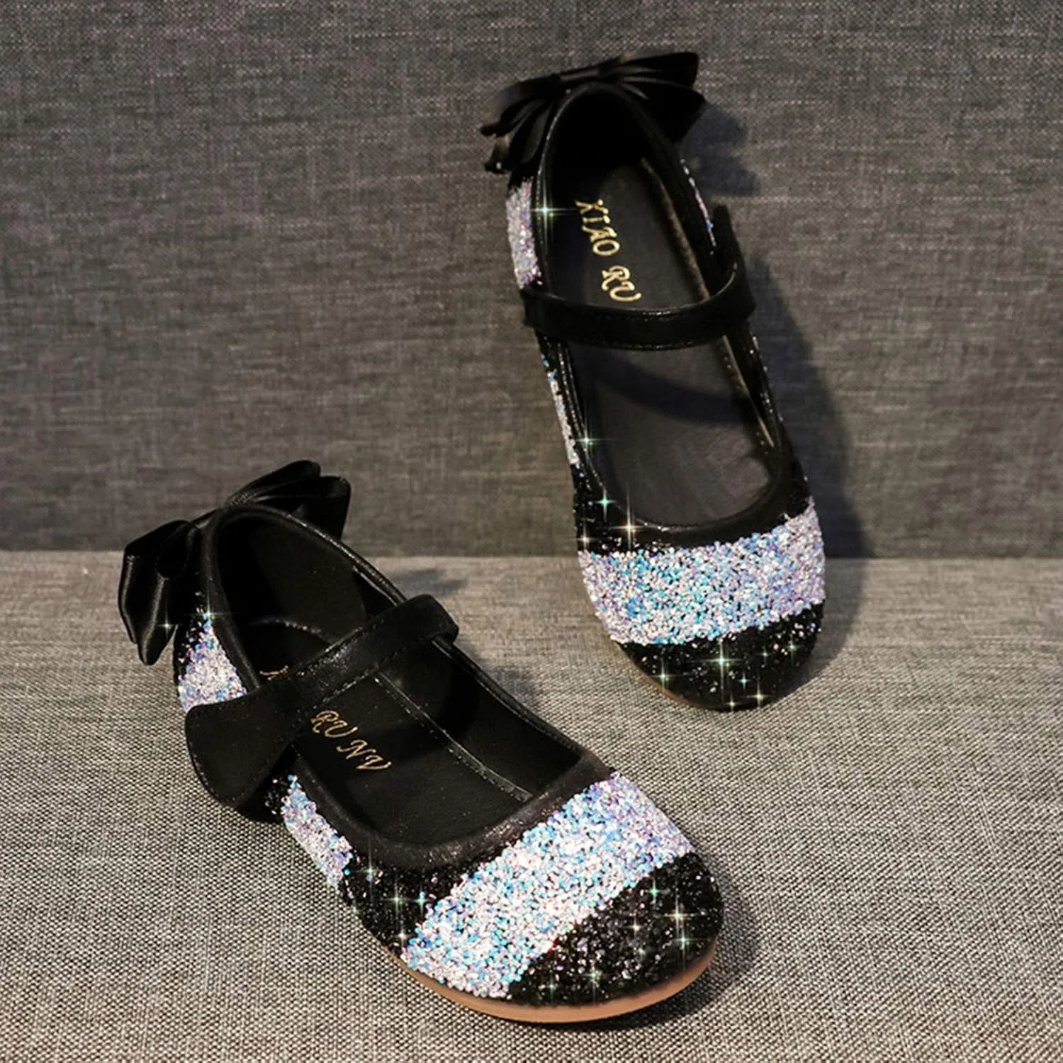 OMEARK Girls Sparkly Party Shoes, Round Head Glitter Princess Flat Dress Shoes, Children's Stylish Soft-Soled Dress Up Shoes with Heel Bowknot, Breathable Waterproof Plus Size Sandals