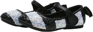 OMEARK Girls Sparkly Party Shoes, Round Head Glitter Princess Flat Dress Shoes, Children's Stylish Soft-Soled Dress Up Shoes with Heel Bowknot, Breathable Waterproof Plus Size Sandals