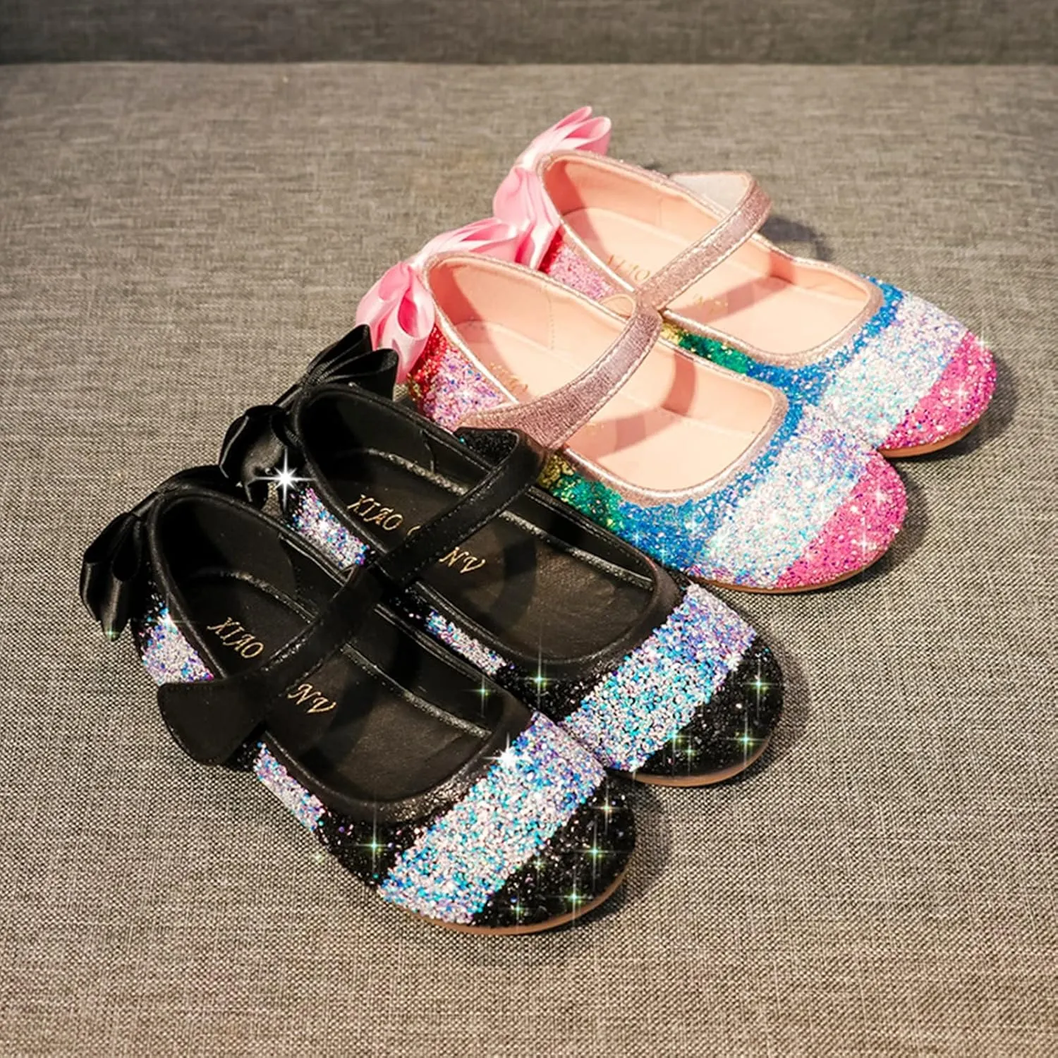 OMEARK Girls Sparkly Party Shoes, Round Head Glitter Princess Flat Dress Shoes, Children's Stylish Soft-Soled Dress Up Shoes with Heel Bowknot, Breathable Waterproof Plus Size Sandals