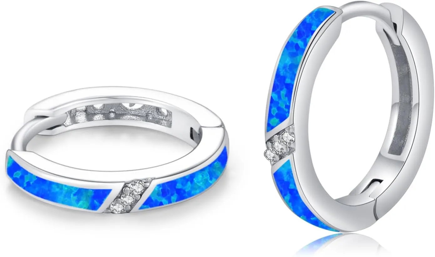 Opal Hoop Earring 925 Sterling Silver Blue Opal Hoop Earrings Cubic Zirconia Small Huggies Hoops Earring Christmas Jewelry for Women