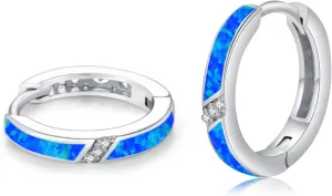 Opal Hoop Earring 925 Sterling Silver Blue Opal Hoop Earrings Cubic Zirconia Small Huggies Hoops Earring Christmas Jewelry for Women