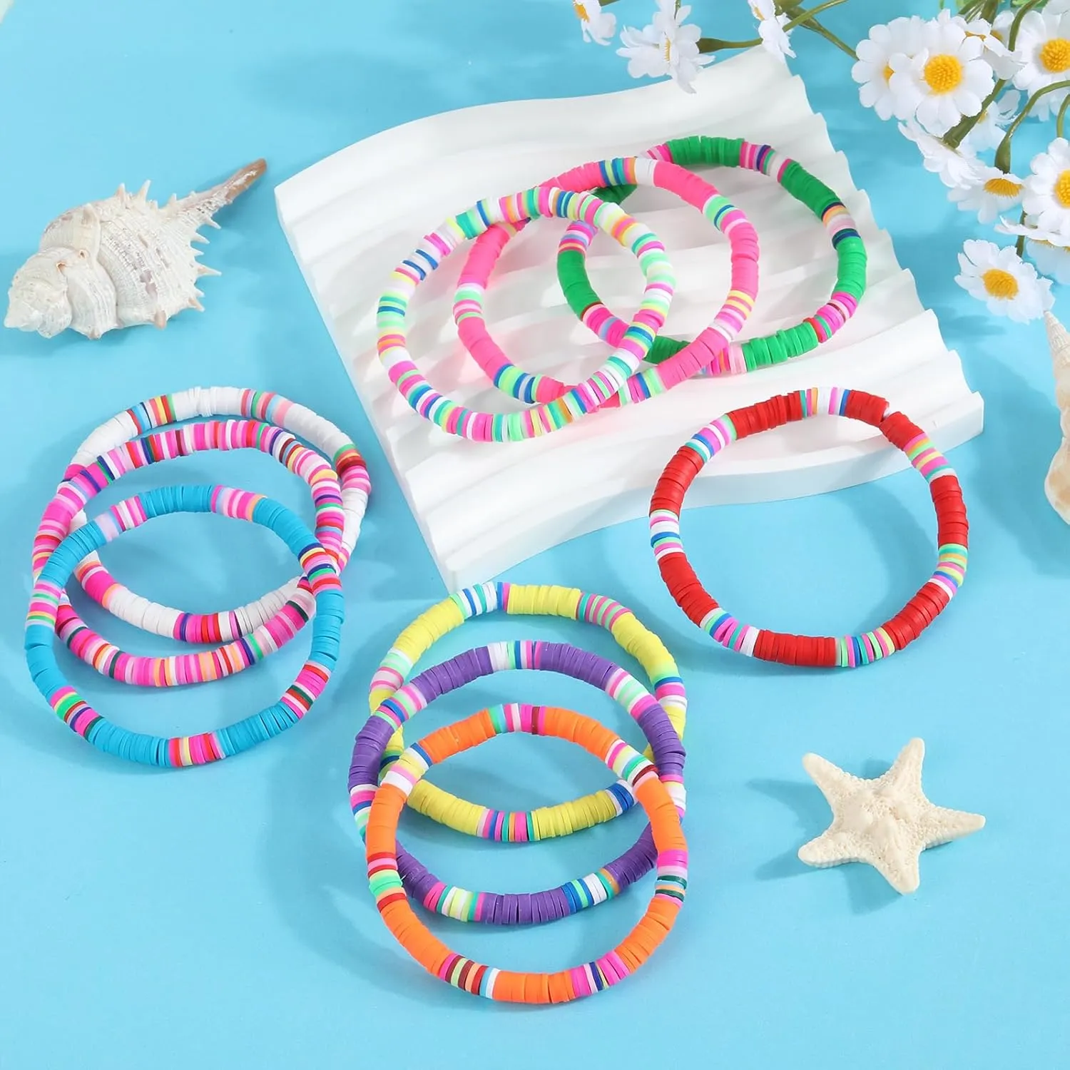 Ornaland 10/11/15 Pcs Friendship Bracelets Clay Bead Bracelets Heishi Bracelets Set Stackable Surfer Stretch Summer Beach Bracelets for Women