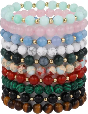 Ornaland 12/10 Pcs Beaded Bracelets Surfer Stretch Bracelets Set Colorful Natural Stone Bracelet Stackable Bracelets Elastic Bracelets Beach Bracelets Wrist Jewelry for Women Men