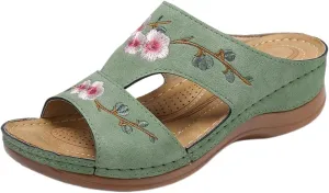 Orthopedic Slippers for Women Embroidery Leather Vamp Non Slip Shoes Wide Width Open Toe Shoes Arch Support Orthotic Slides Slippers Beach Vacation Summer Flat