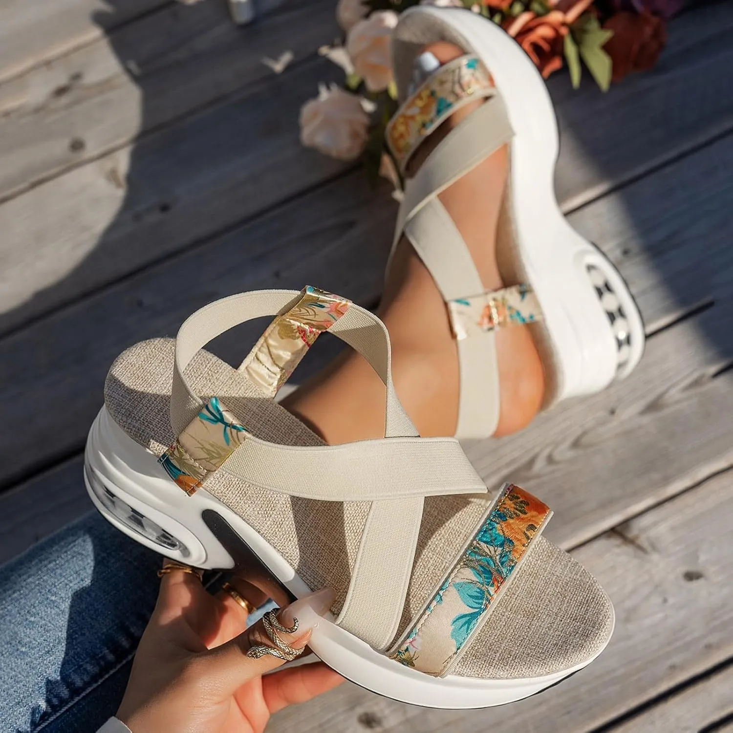 Orthopedic Wedge Sandals for Women 2025, Summer Dressy Platform Chunky Heel Sandals Cushioned Comfort Teal Sandals Wide Width Platform Bohemian Slide Comfortable Walking Shoes