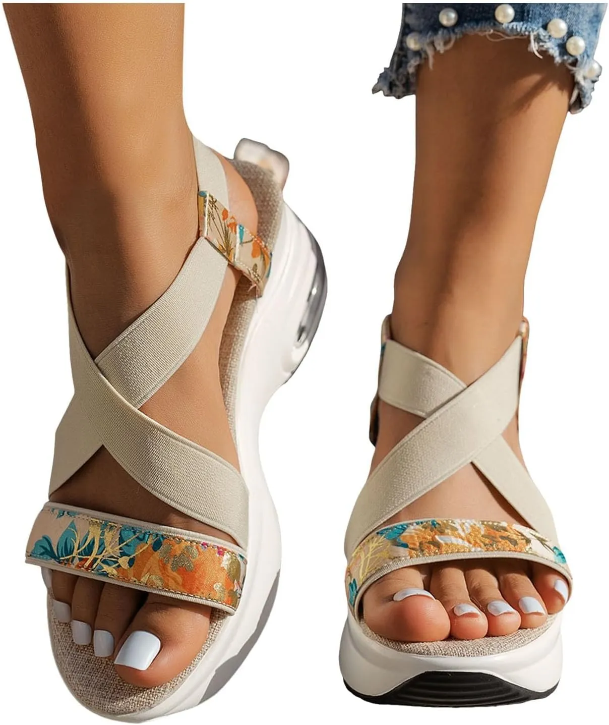 Orthopedic Wedge Sandals for Women 2025, Summer Dressy Platform Chunky Heel Sandals Cushioned Comfort Teal Sandals Wide Width Platform Bohemian Slide Comfortable Walking Shoes