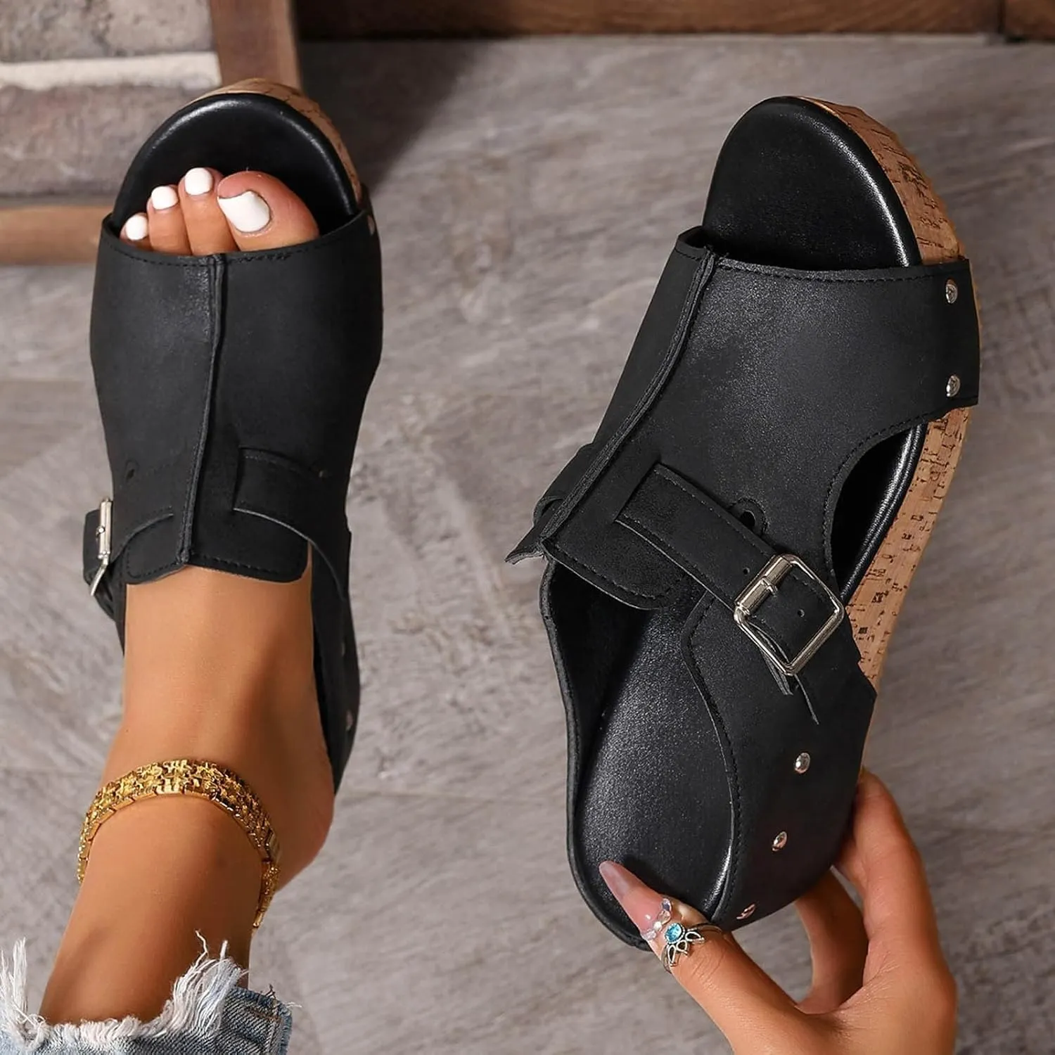 Orthopedic Wedge Sandals for Women Open Toe Slip On Sandals Boho Casual Shoes Ankle Strap Open Toe Espadrilles Comfortable Summer Vacation Shoes Lightweight Beach Sandal