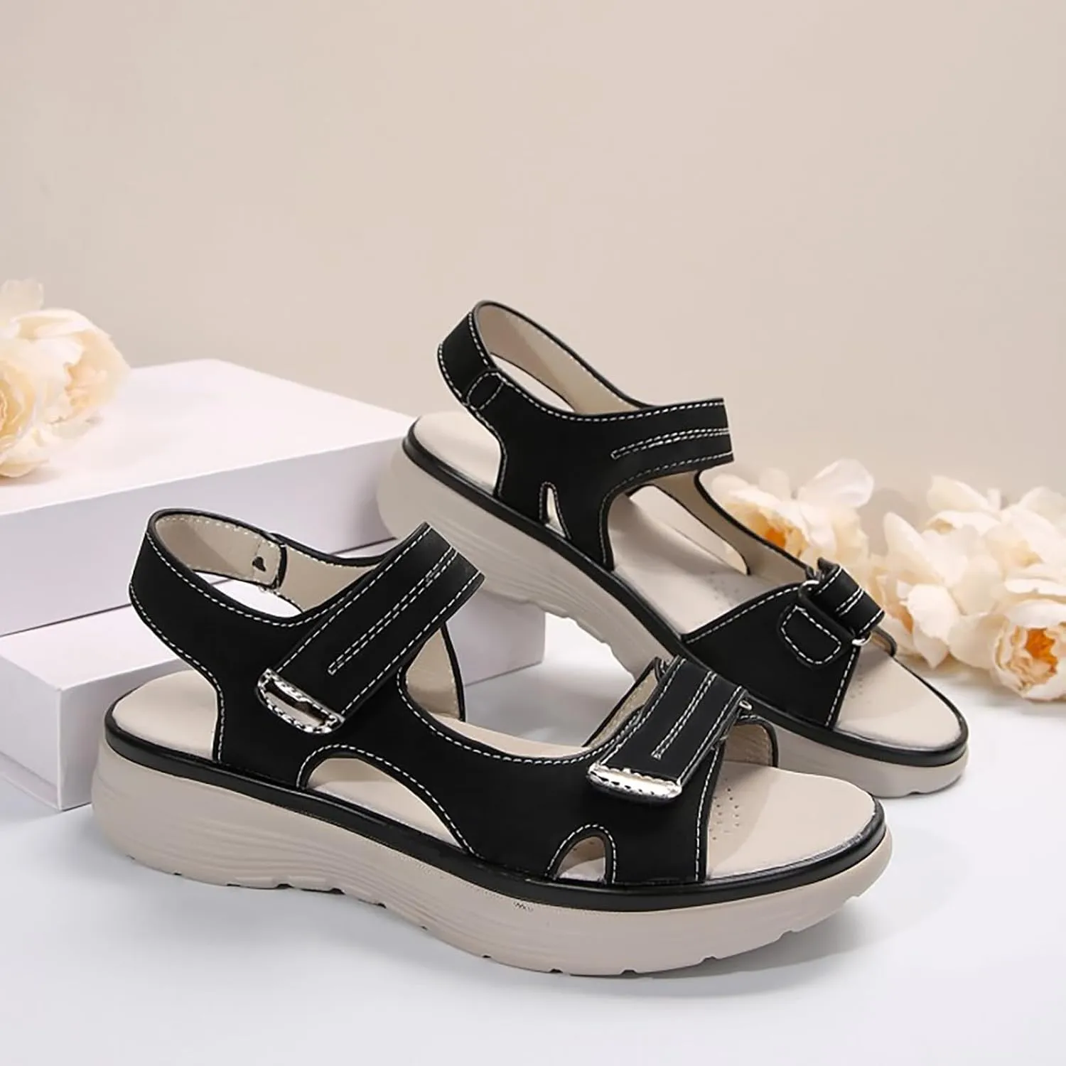 Orthopedic Wide Sandals for Women 2025 Dressy Strappy Arch Support Flat Wedge Sandals Walking Women Open Toe Ankle Strap Comfortable Platform Slip-On Shoes for Summer Beach Casual