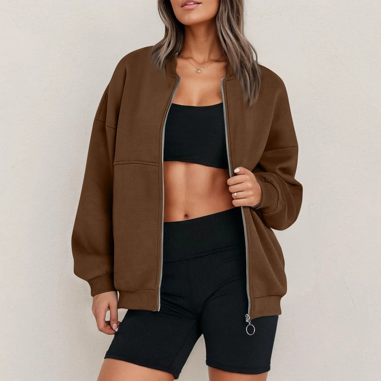 Oversized Zip Up Sweatshirt Women Bomber Fleece Zip Up Jacket Casual Athletic Workout Sweat Jackets with Pockets