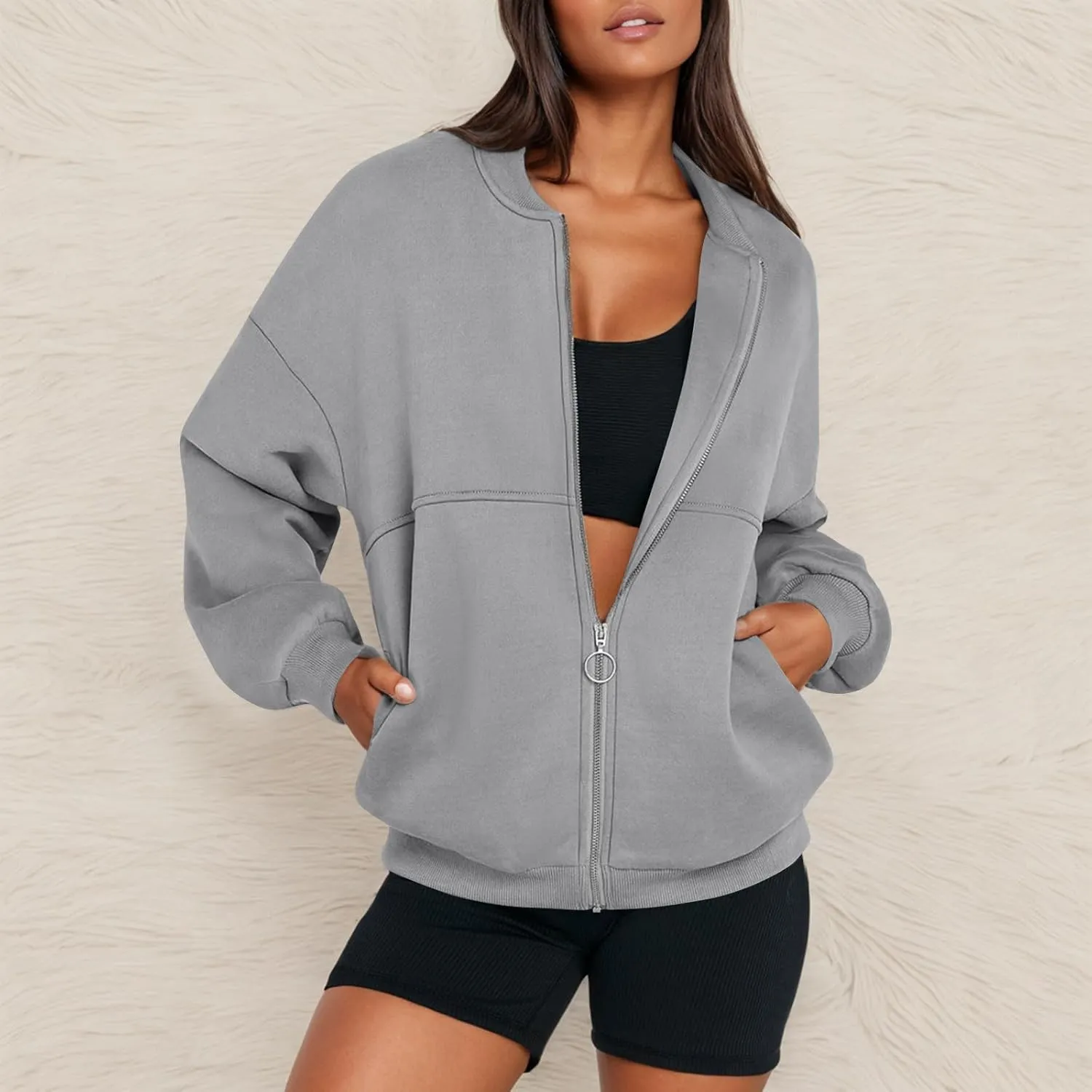 Oversized Zip Up Sweatshirt Women Bomber Fleece Zip Up Jacket Casual Athletic Workout Sweat Jackets with Pockets