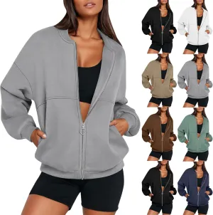 Oversized Zip Up Sweatshirt Women Bomber Fleece Zip Up Jacket Casual Athletic Workout Sweat Jackets with Pockets