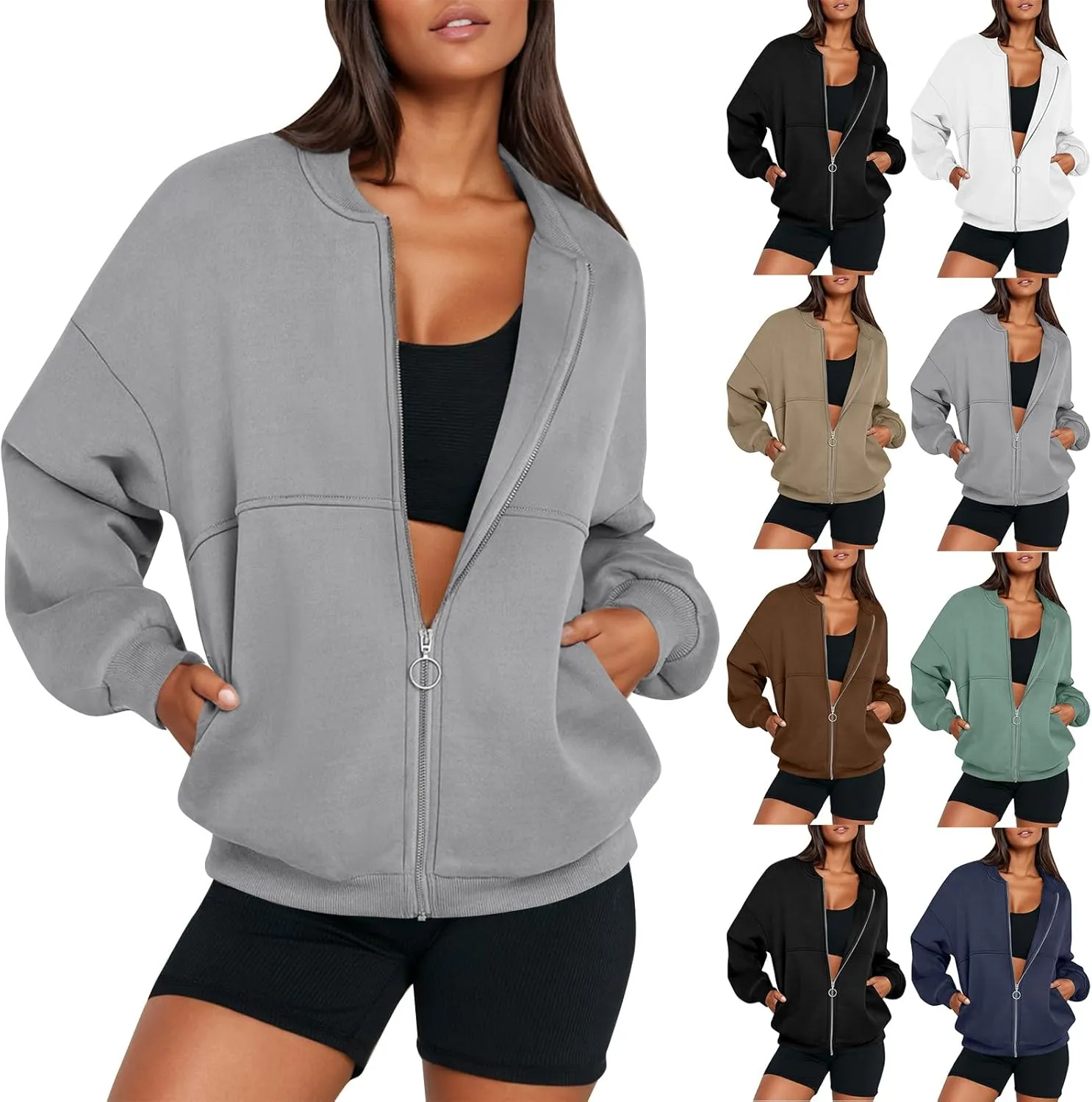 Oversized Zip Up Sweatshirt Women Bomber Fleece Zip Up Jacket Casual Athletic Workout Sweat Jackets with Pockets
