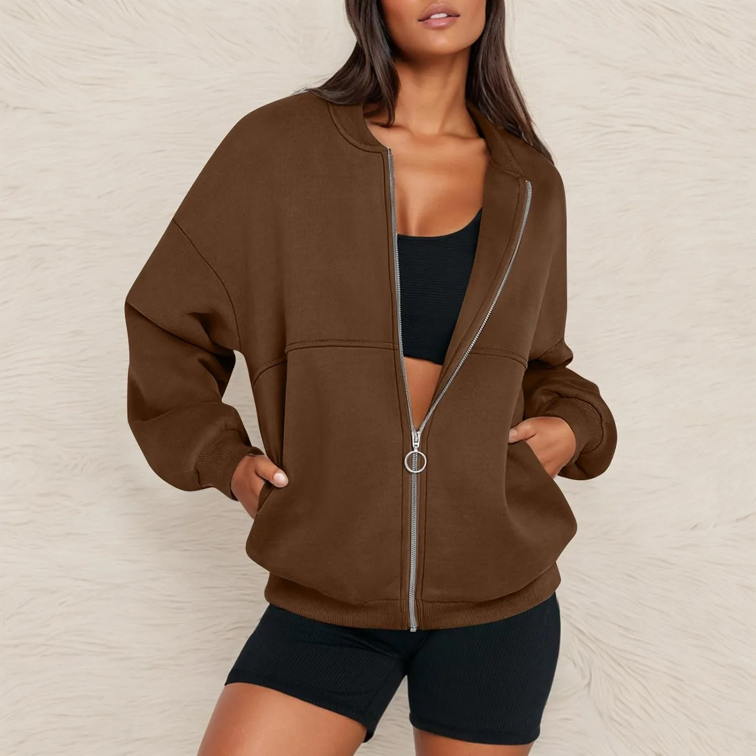 Oversized Zip Up Sweatshirt Women Bomber Fleece Zip Up Jacket Casual Athletic Workout Sweat Jackets with Pockets