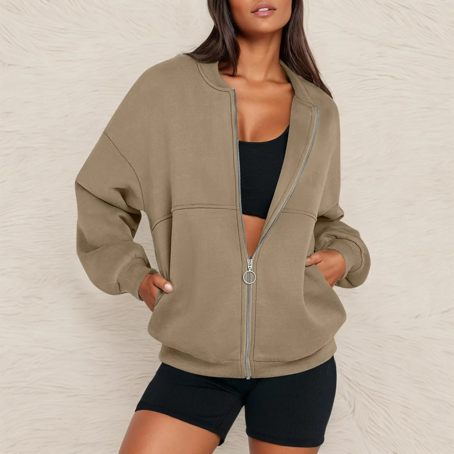 Oversized Zip Up Sweatshirt Women Fleece Bomber Zip Up Jacket Casual Teen Girls Athletic Sweat Jackets with Pockets