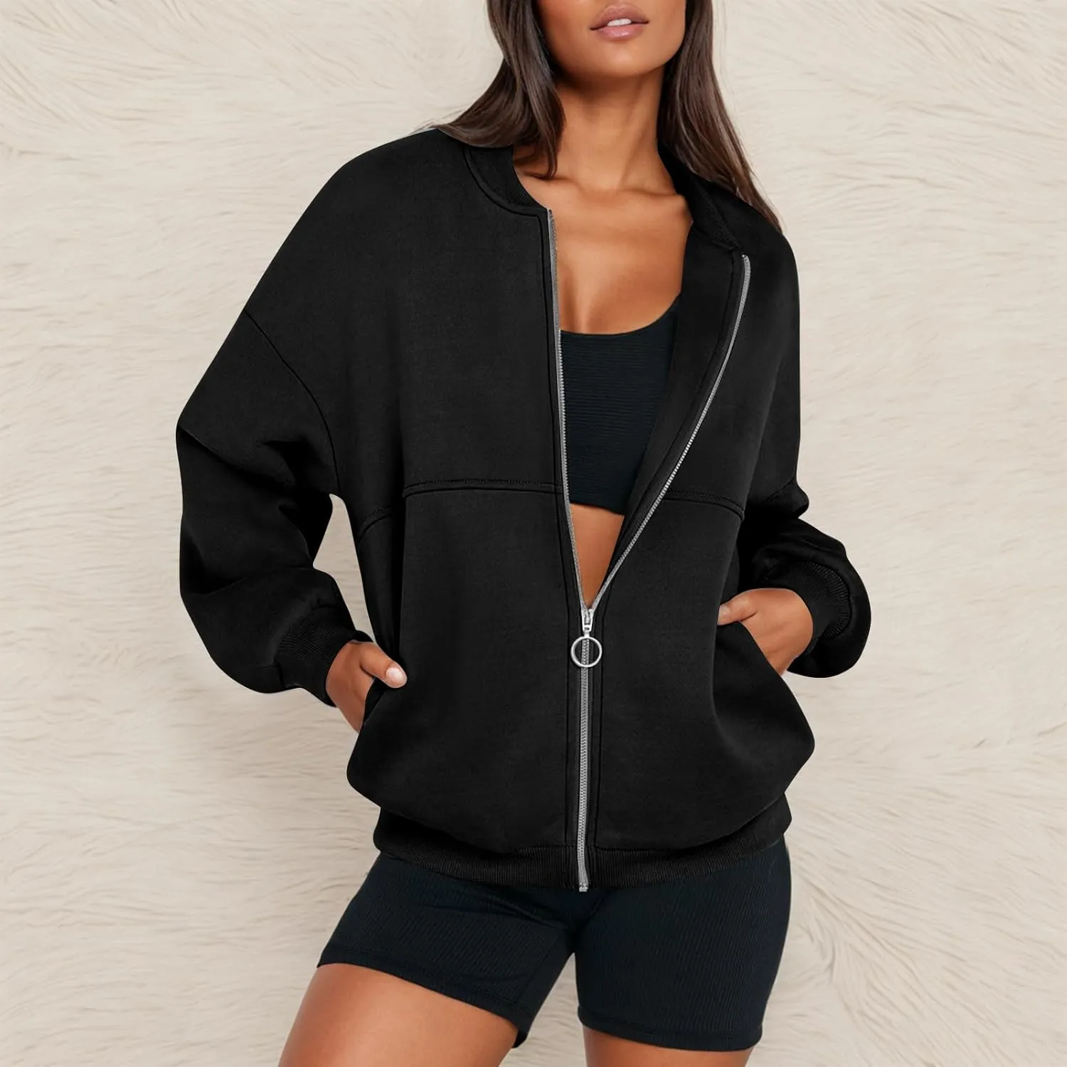 Oversized Zip Up Sweatshirt Women Fleece Bomber Zip Up Jacket Casual Teen Girls Athletic Sweat Jackets with Pockets