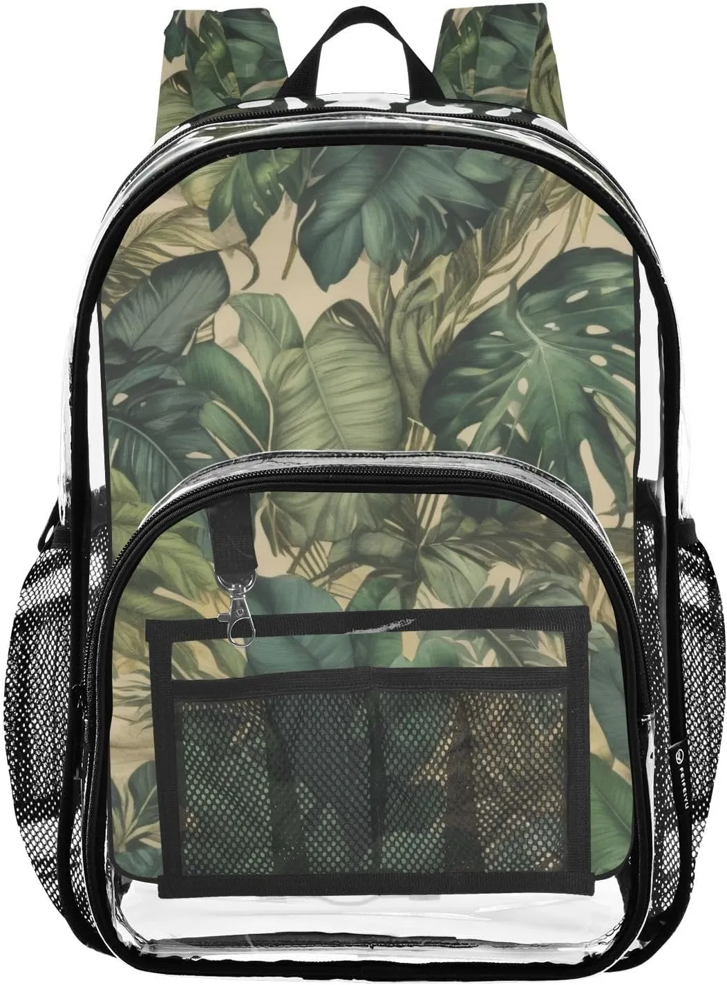 Palm Tree Leaves Hawaii Art Clear Backpack with Back Print, Heavy Duty See Through Backpacks PVC Transparent Daypack for Travel Security