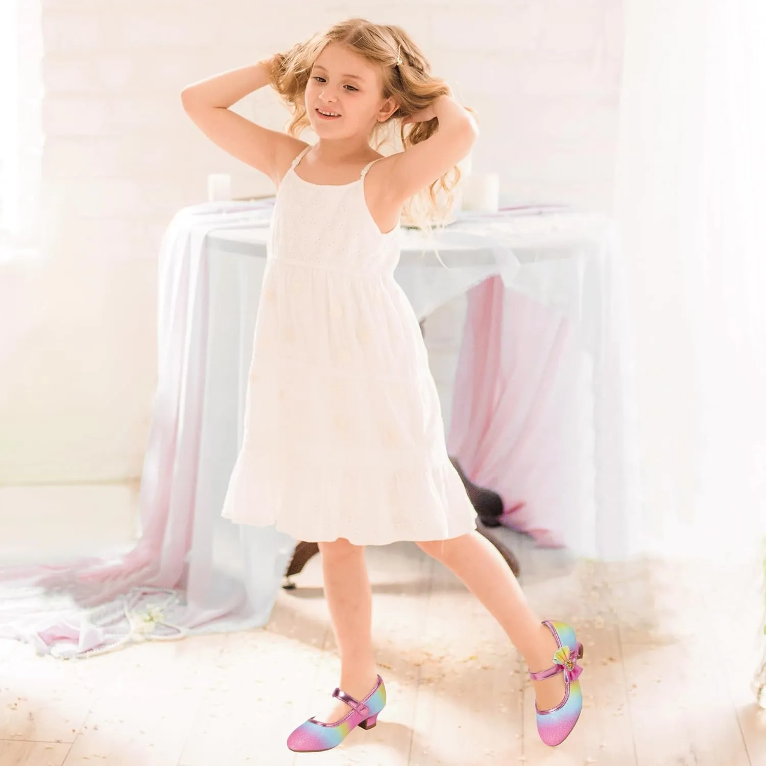 PANDANINJIA Christy Girls Heels Dress Shoes Mary Jane Rhinestone Bows Pumps Low Heel Princess Flower Wedding Party for Toddler Little Kid