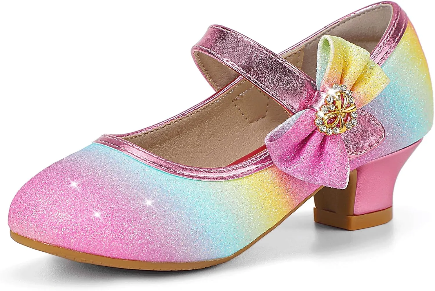 PANDANINJIA Christy Girls Heels Dress Shoes Mary Jane Rhinestone Bows Pumps Low Heel Princess Flower Wedding Party for Toddler Little Kid