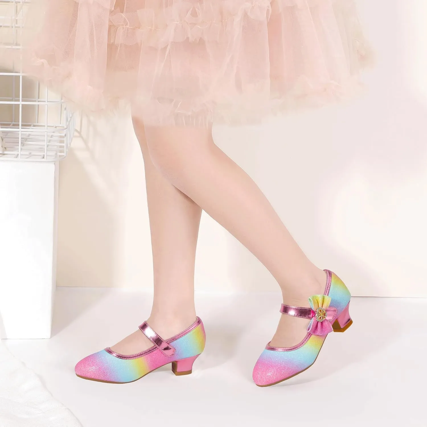 PANDANINJIA Christy Girls Heels Dress Shoes Mary Jane Rhinestone Bows Pumps Low Heel Princess Flower Wedding Party for Toddler Little Kid