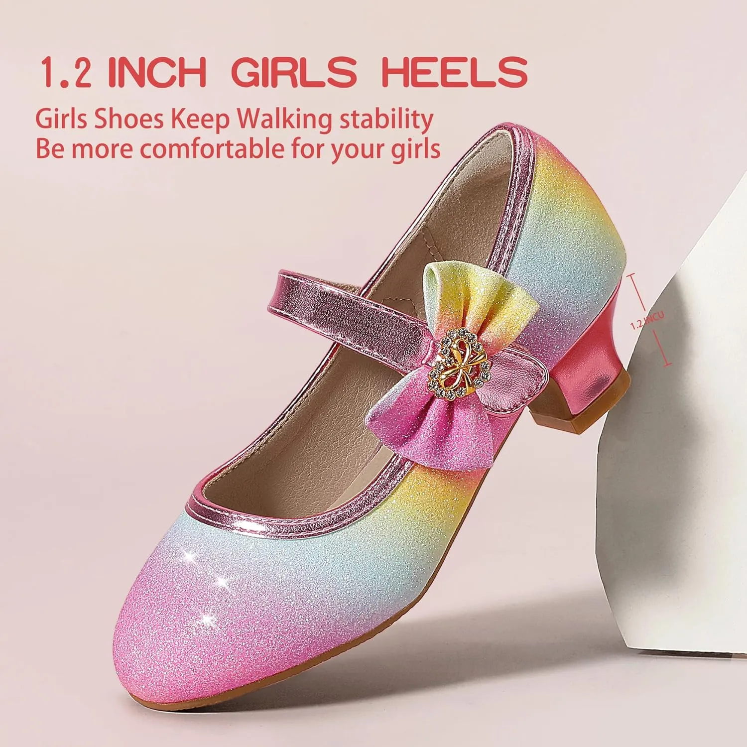 PANDANINJIA Christy Girls Heels Dress Shoes Mary Jane Rhinestone Bows Pumps Low Heel Princess Flower Wedding Party for Toddler Little Kid