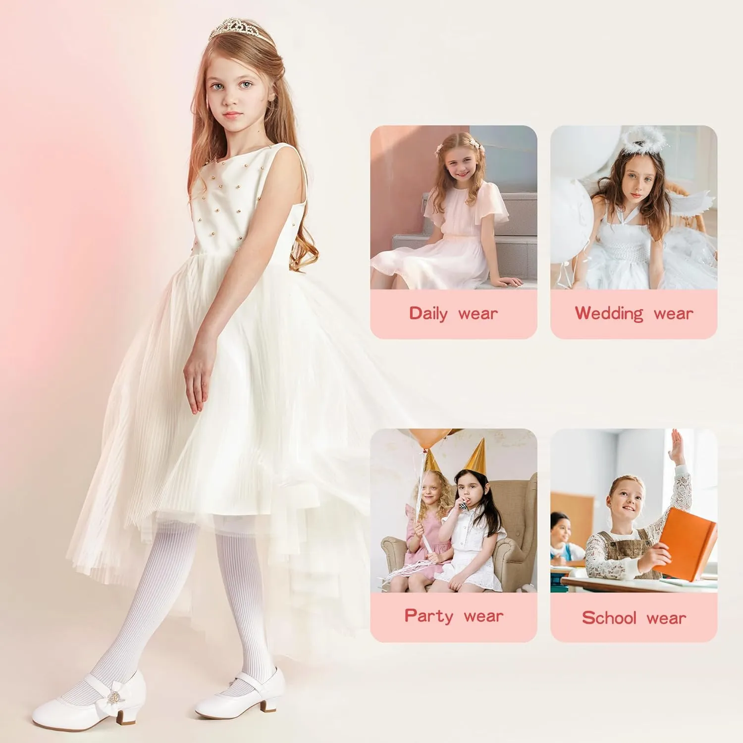 PANDANINJIA Christy Girls Heels Dress Shoes Mary Jane Rhinestone Bows Pumps Low Heel Princess Flower Wedding Party for Toddler Little Kid