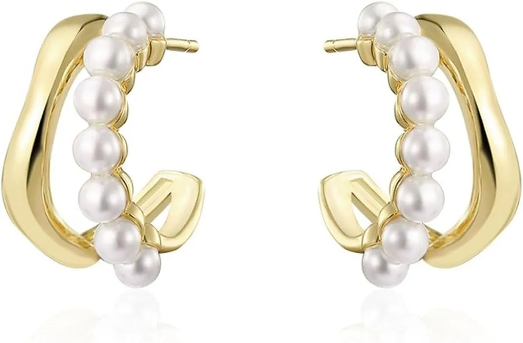 Pearl Hoop Earrings for Women | Lightweight Gold Hoop Earrings| Double Hoop Earrings with Pearl | Minimalist Pearl Earrings | Earrings Jewelry Gift