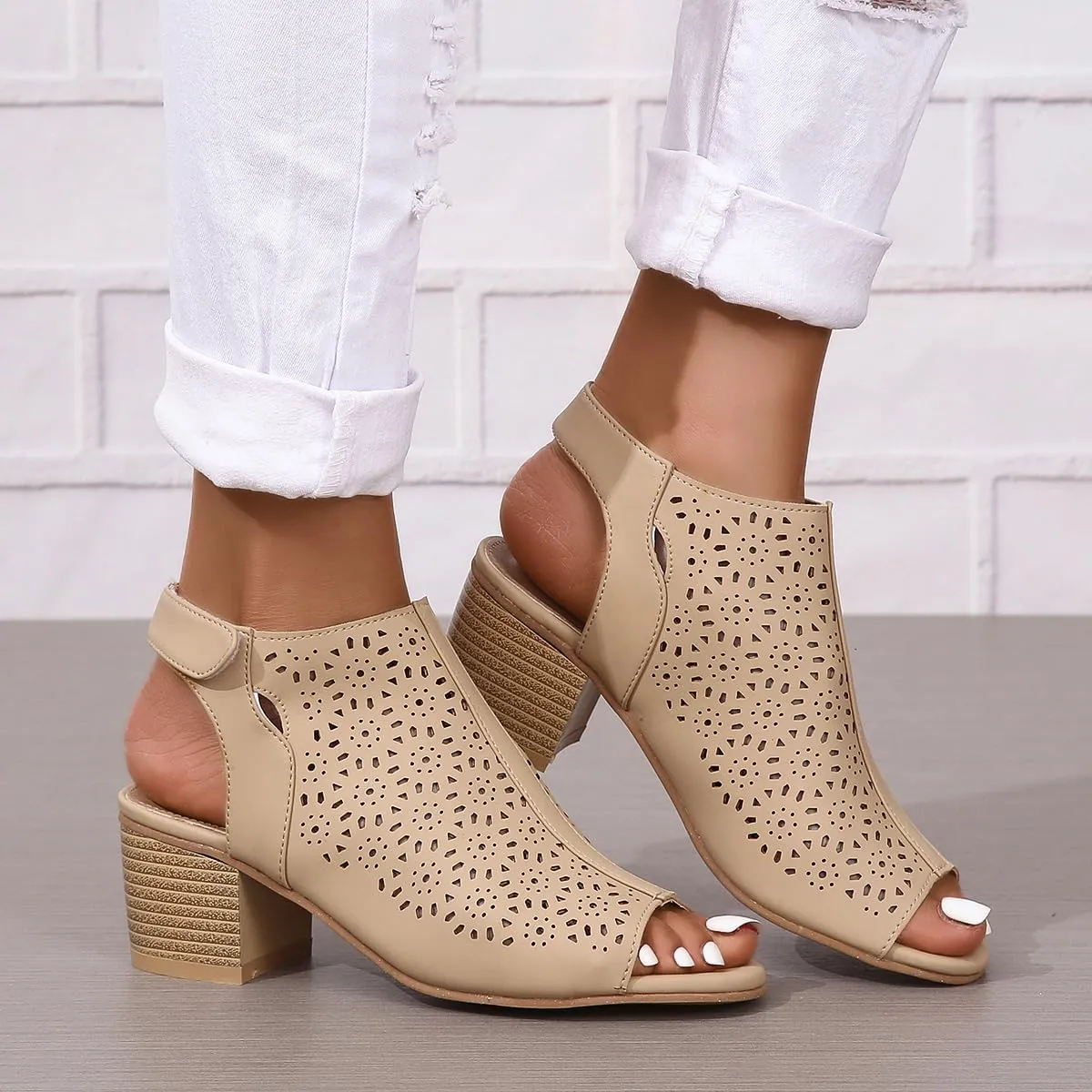 Peep Toe Heels for Women Chunky Heel, Dressy Office Shoes, Breathable Hollow Out Roman Sandals, Wedge Sandals with Back Strap, Ankle Bootie Fashion 2025