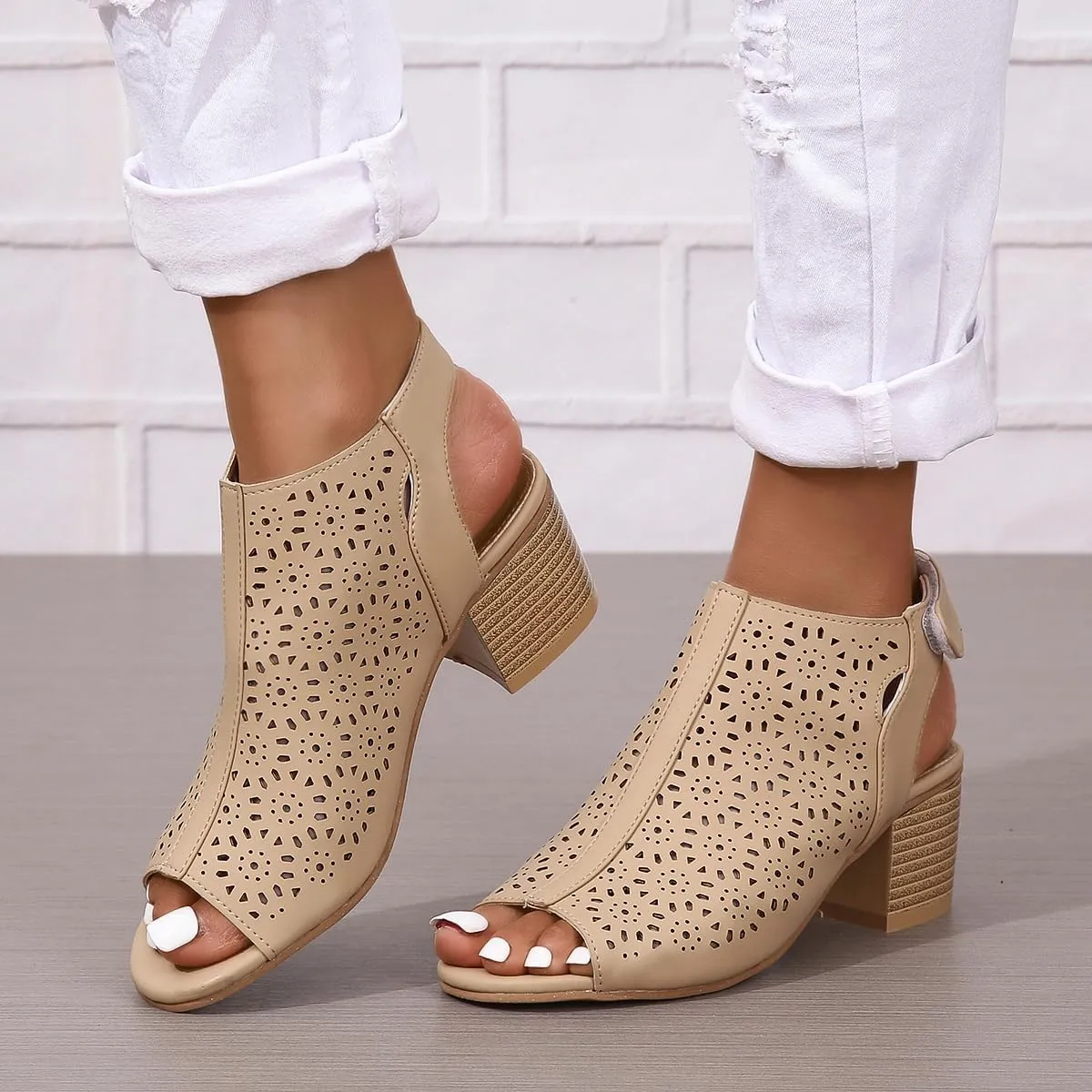 Peep Toe Heels for Women Chunky Heel, Dressy Office Shoes, Breathable Hollow Out Roman Sandals, Wedge Sandals with Back Strap, Ankle Bootie Fashion 2025