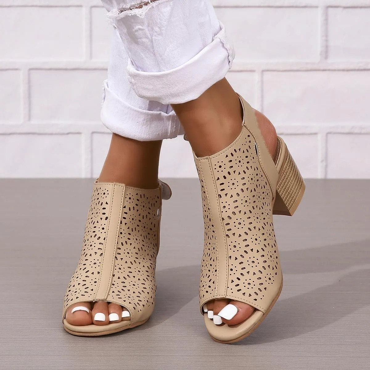 Peep Toe Heels for Women Chunky Heel, Dressy Office Shoes, Breathable Hollow Out Roman Sandals, Wedge Sandals with Back Strap, Ankle Bootie Fashion 2025