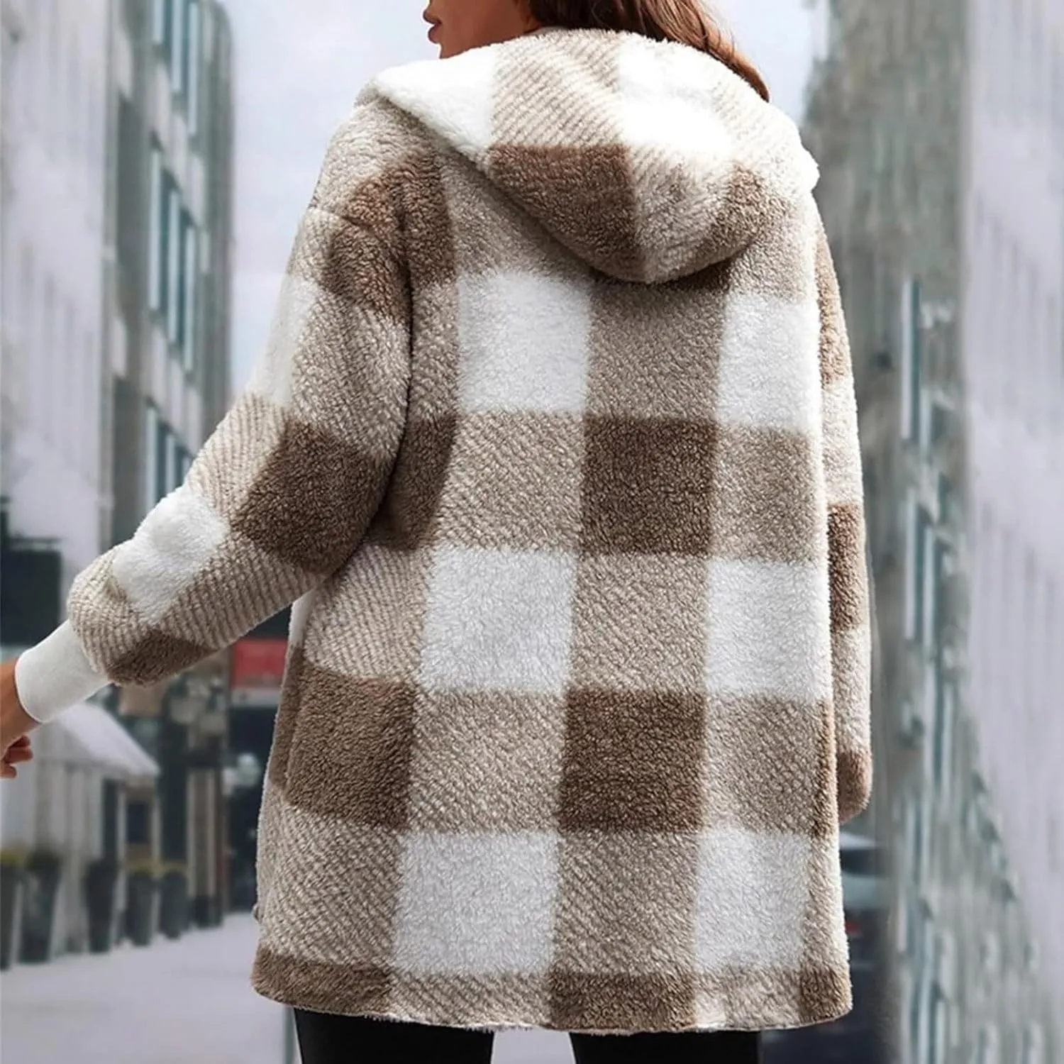 PETYCZEN Fleece Jacket Women Zip Up Fuzzy Sherpa Plaid Jacket with Hood Plus Size Teddy Coats Warm Fluffy Cardigan Jakcet