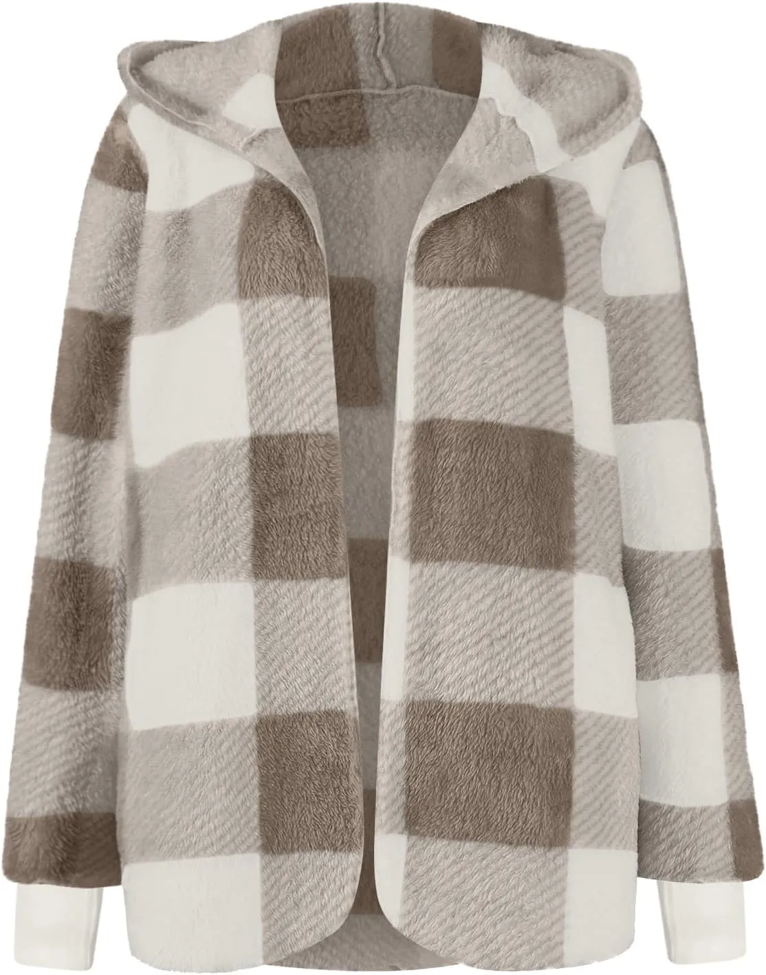 PETYCZEN Fleece Jacket Women Zip Up Fuzzy Sherpa Plaid Jacket with Hood Plus Size Teddy Coats Warm Fluffy Cardigan Jakcet
