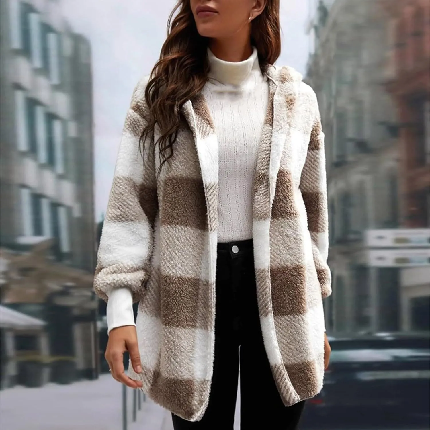 PETYCZEN Fleece Jacket Women Zip Up Fuzzy Sherpa Plaid Jacket with Hood Plus Size Teddy Coats Warm Fluffy Cardigan Jakcet