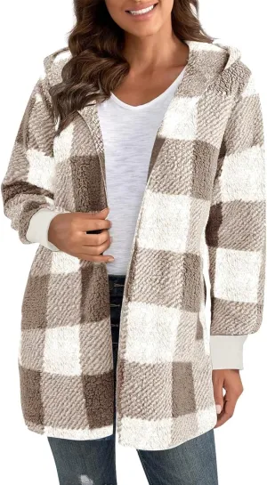 PETYCZEN Fleece Jacket Women Zip Up Fuzzy Sherpa Plaid Jacket with Hood Plus Size Teddy Coats Warm Fluffy Cardigan Jakcet